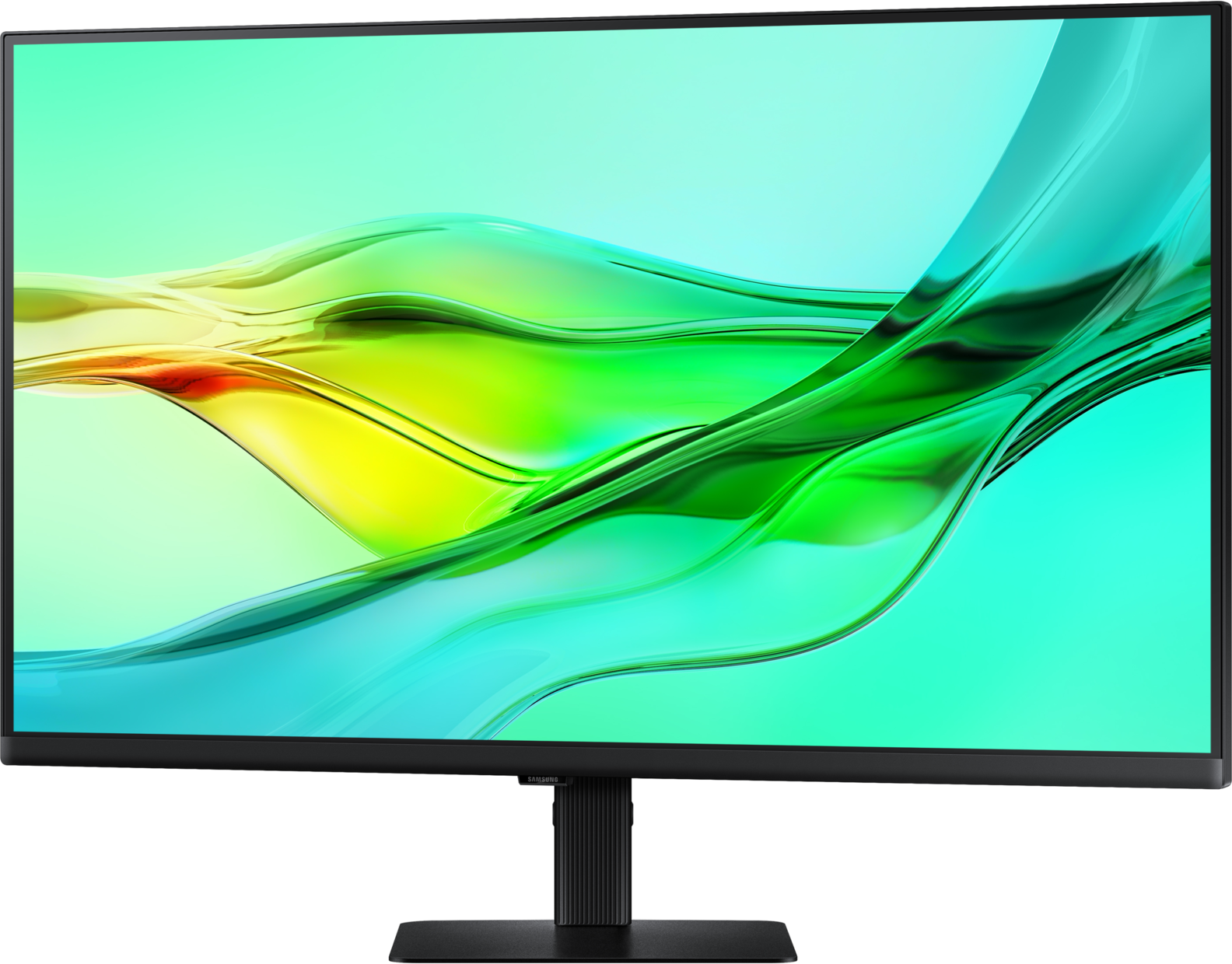 Un moniteur Samsung noir affiche un motif abstrait fluide vert, jaune et bleu. Le moniteur a un pied noir.