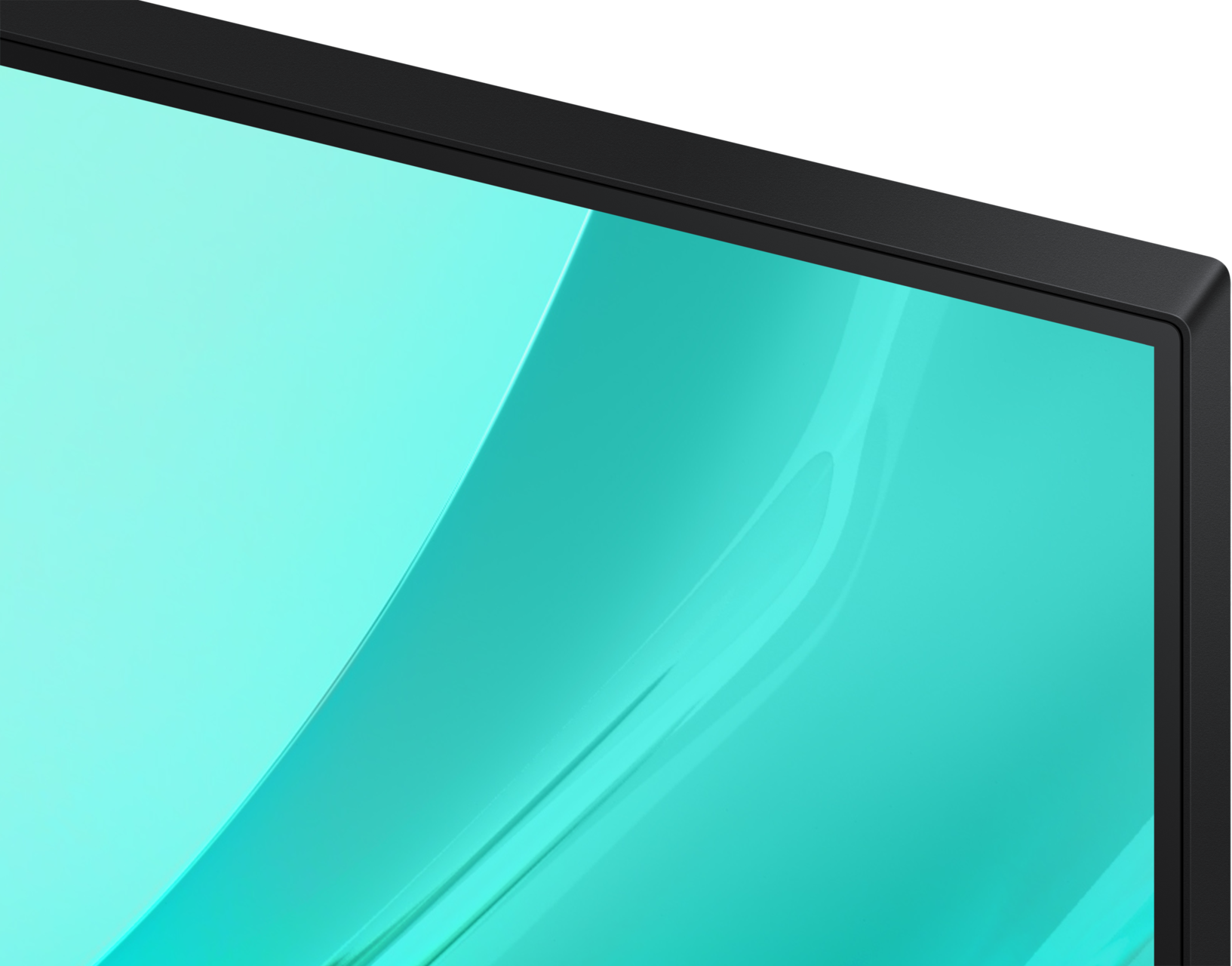 Gros plan d'un écran. Fond turquoise avec des lignes courbes. Cadre noir en haut et à droite.
