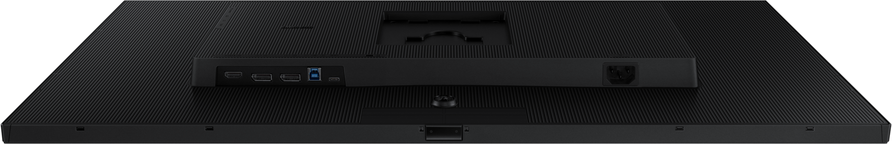 Arrière d'un moniteur noir avec ports et connecteur d'alimentation. La surface est texturée.