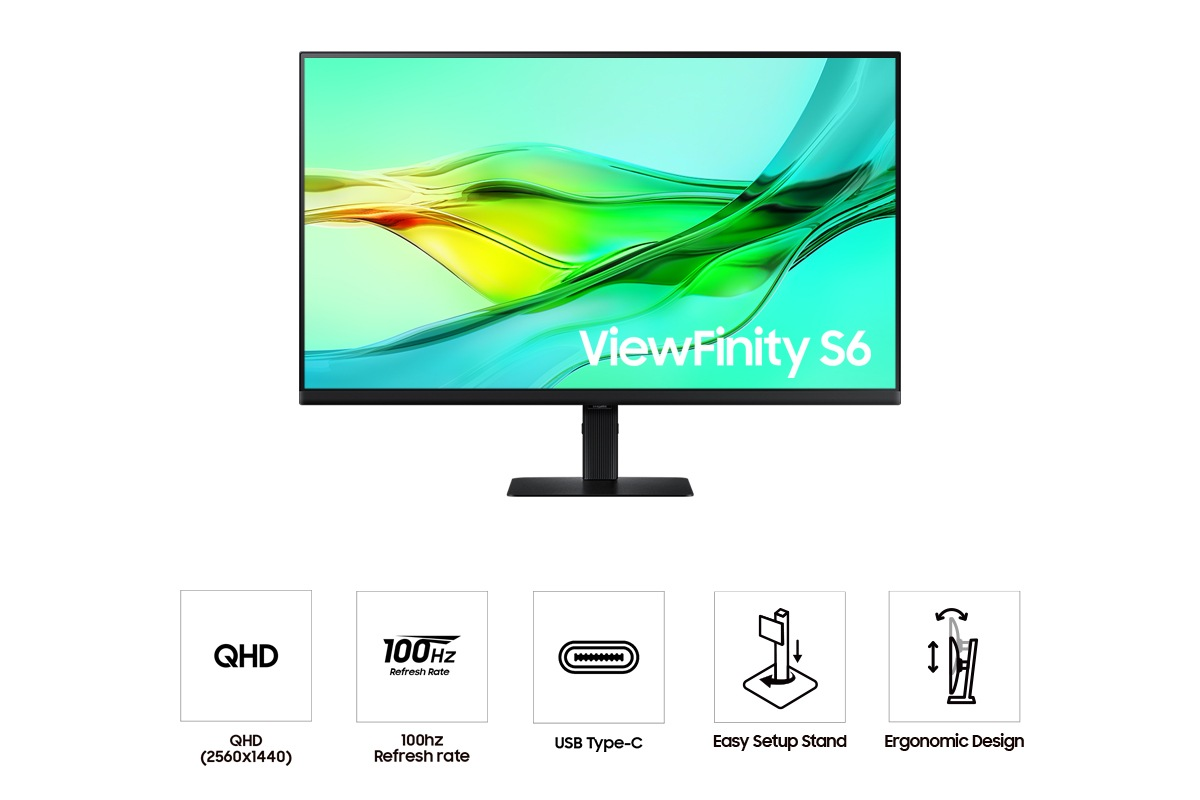 Un moniteur avec un fond abstrait vert et bleu, appelé ViewFinity S6. Les caractéristiques incluent QHD, taux de rafraîchissement de 100 Hz, USB Type-C et design ergonomique.