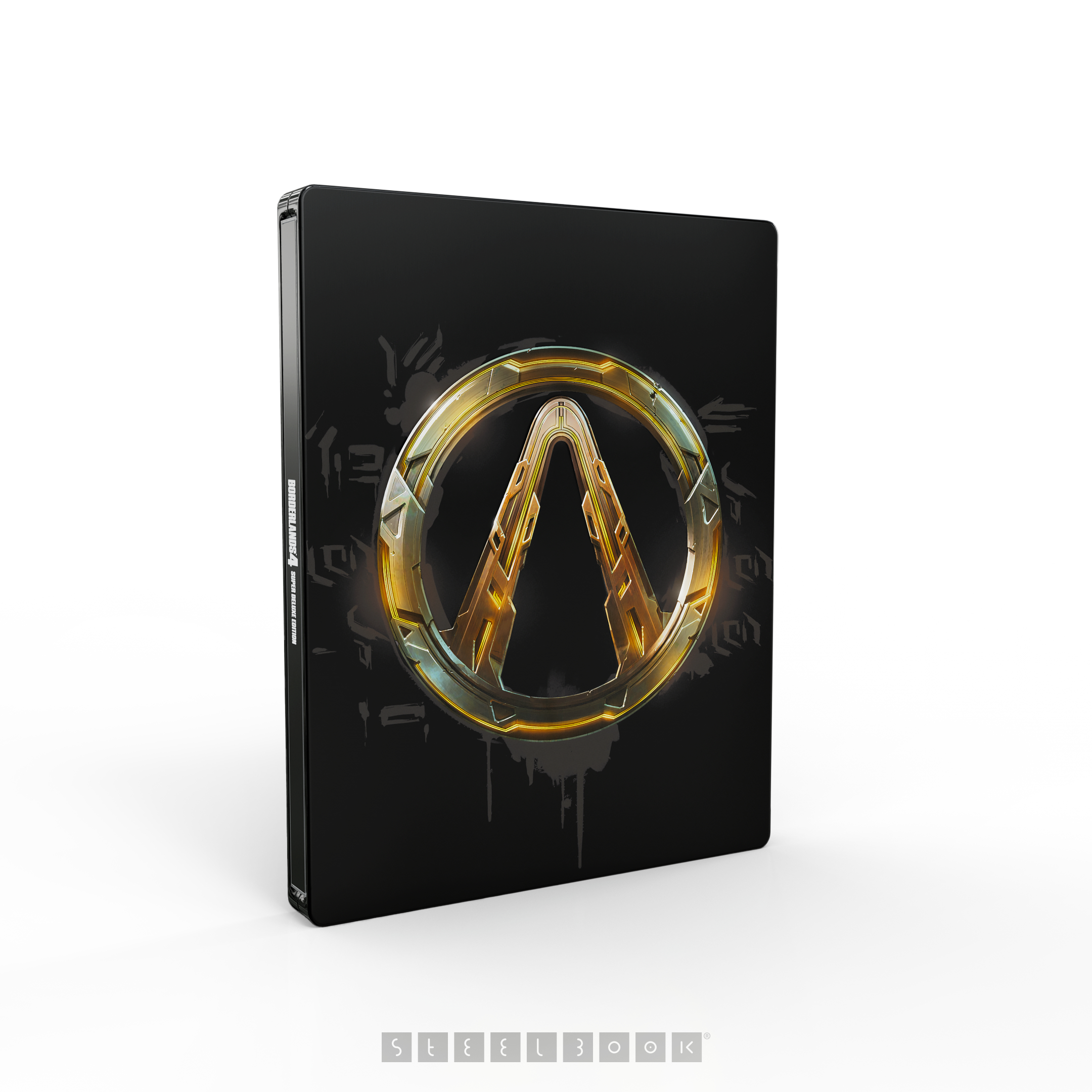 Schwarzes Steelbook mit goldenem Borderlands-Logo. Weißer Hintergrund. Das Logo ist ein stilisiertes 'A' im Kreis.