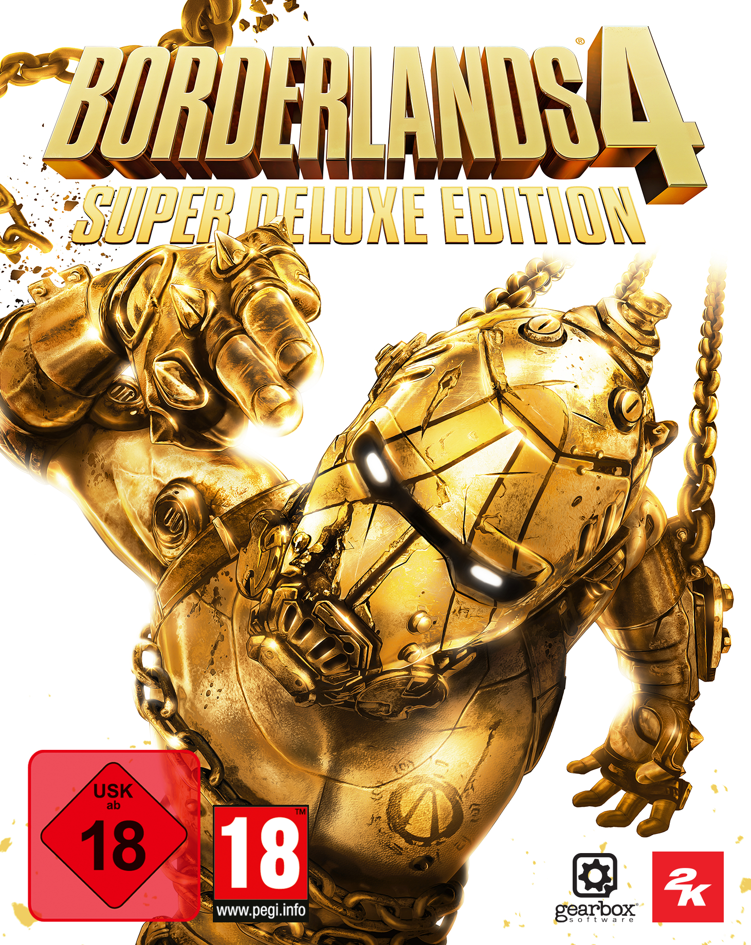 Goldfarbene Roboterfigur, Borderlands 4-Spielcover. Der Titel ist goldfarben, mit einer roten 18-Bewertung.