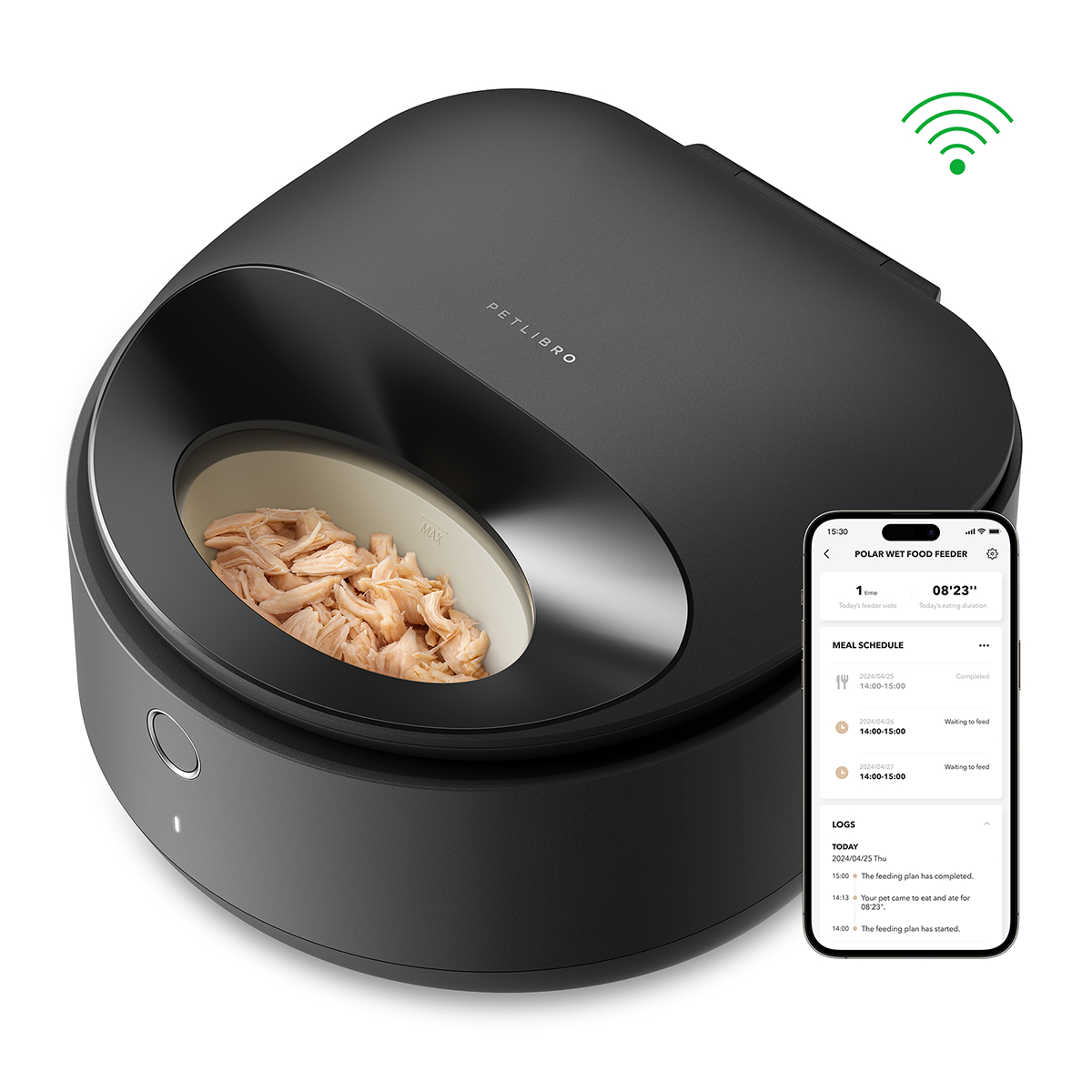 Schwarzer Petlibro-Futterautomat mit Futter. Ein Telefon zeigt den Essensplan und Protokolle an. Ein WLAN-Symbol ist sichtbar.
