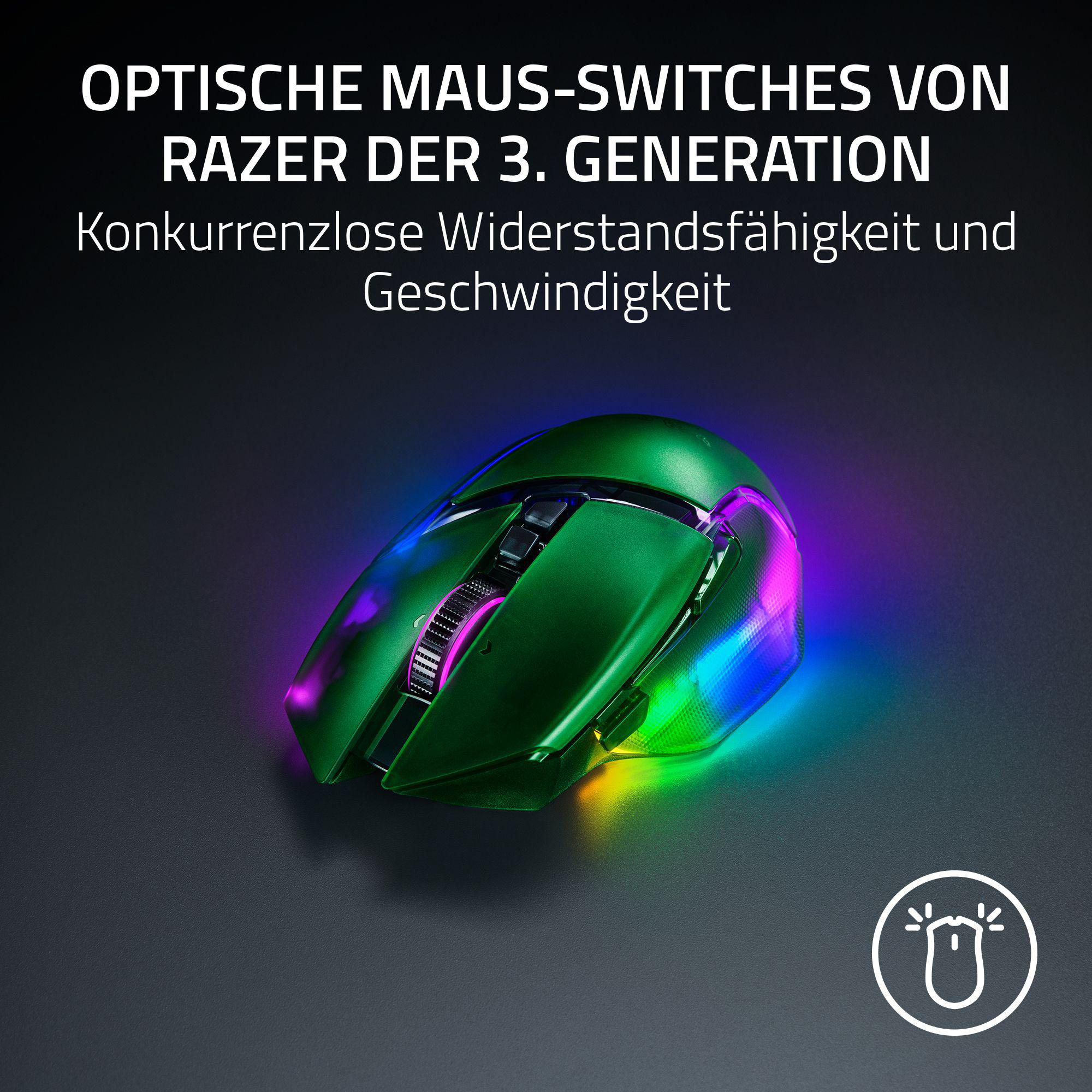 Grüne Razer Gaming-Maus mit RGB-Beleuchtung. Weißer Text oben. Schwarzer Hintergrund. Maus-Symbol unten rechts.
