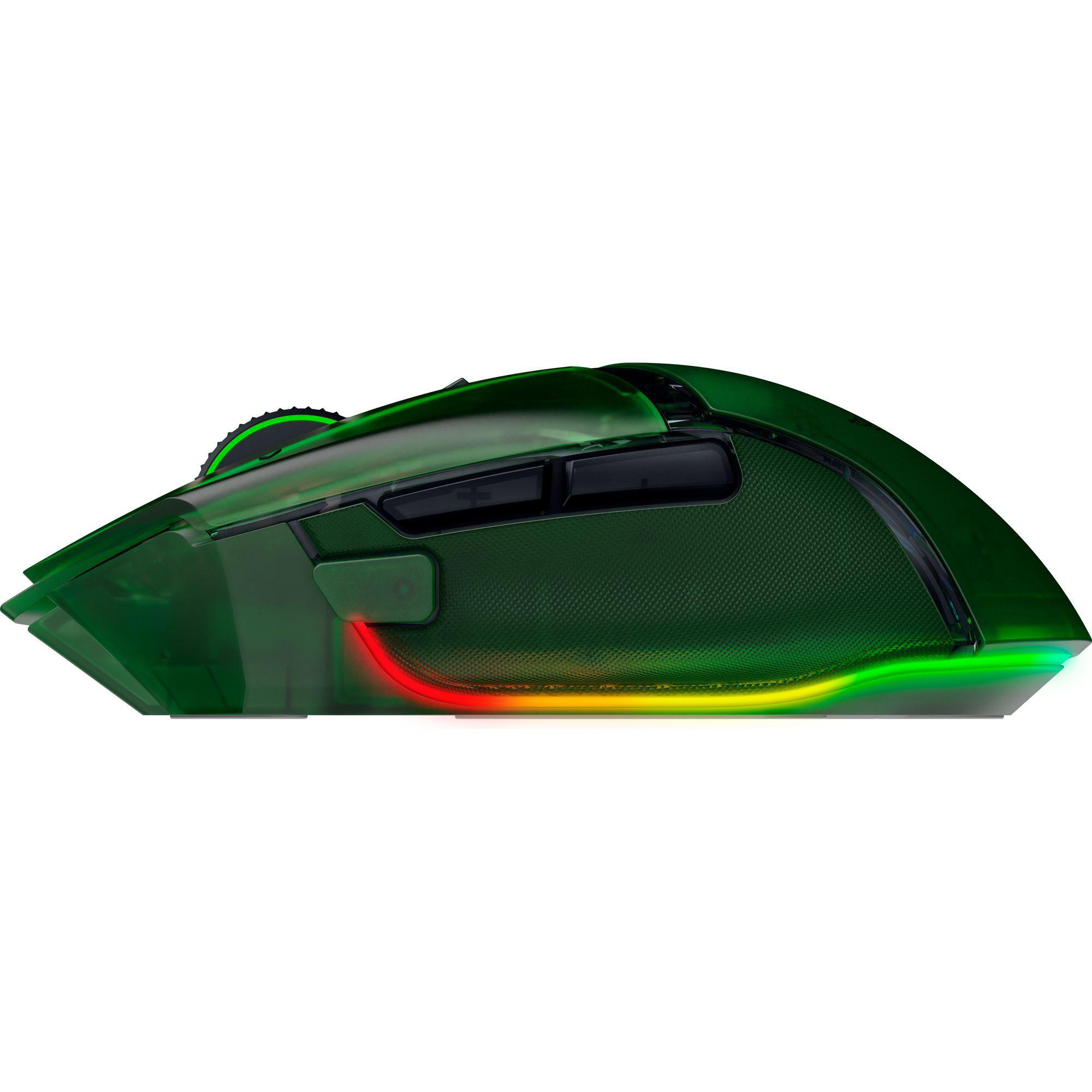 Eine grüne und schwarze Gaming-Maus mit RGB-Beleuchtung auf weißem Hintergrund.