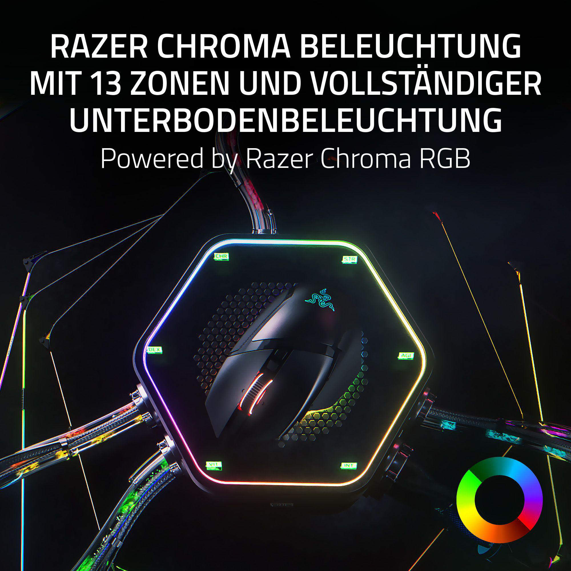 Eine Razer-Maus auf einer sechseckigen Plattform mit farbenfroher Beleuchtung und einem Logo. Text: Razer Chroma.