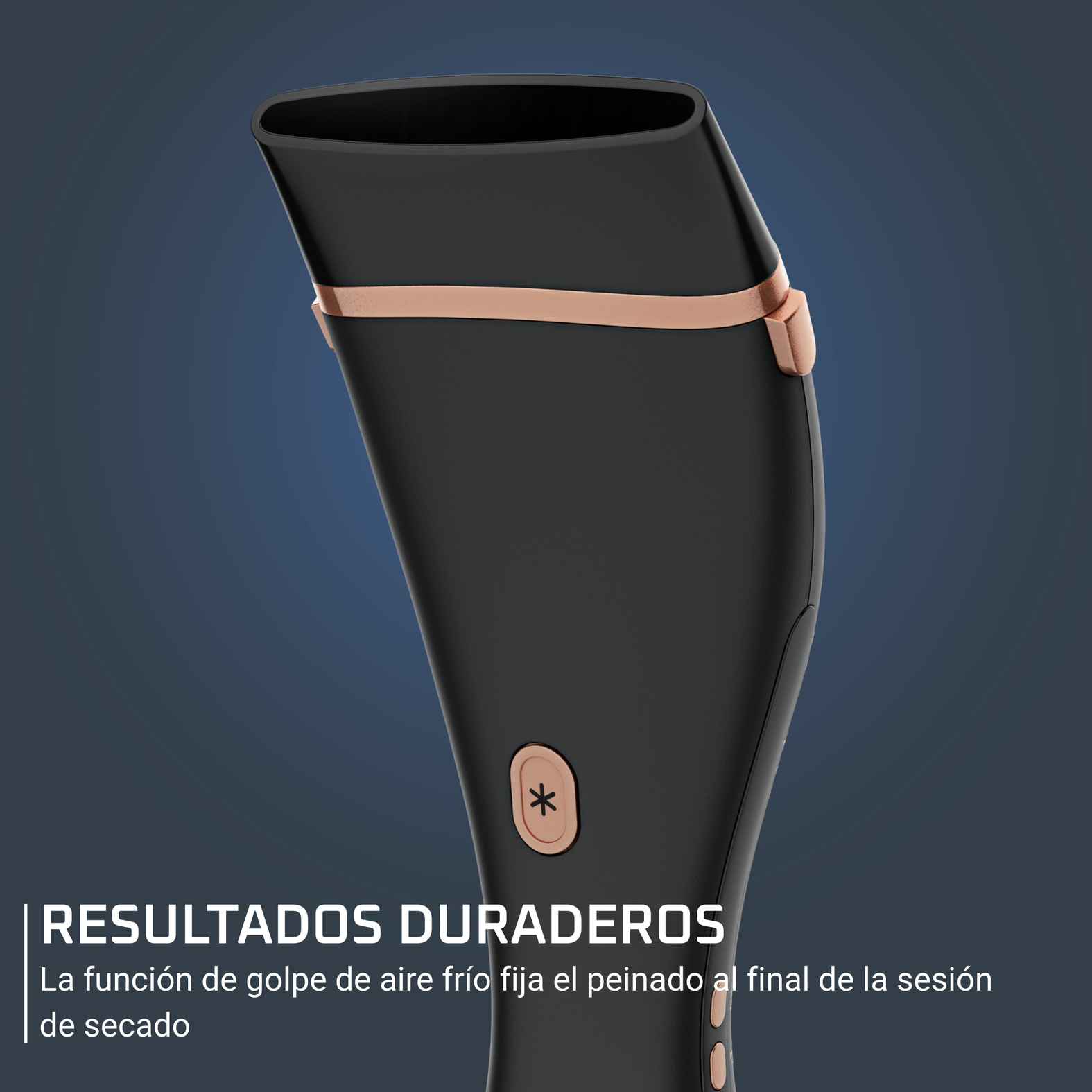 Secador de pelo negro con detalles cobrizos. Incluye un botón con un asterisco. Fondo azul oscuro.