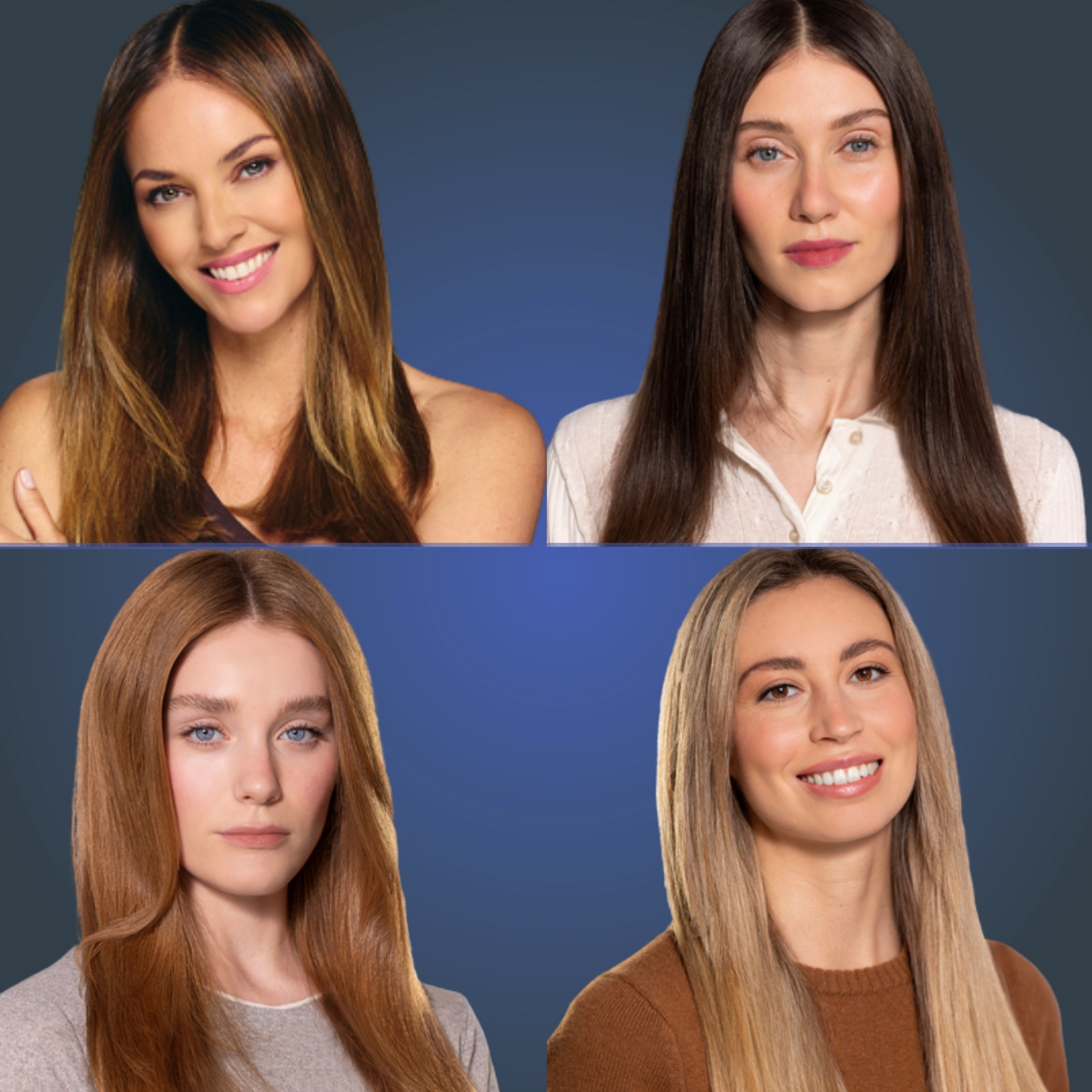 Cuatro mujeres con diferentes colores y estilos de cabello. El fondo es un degradado azul.