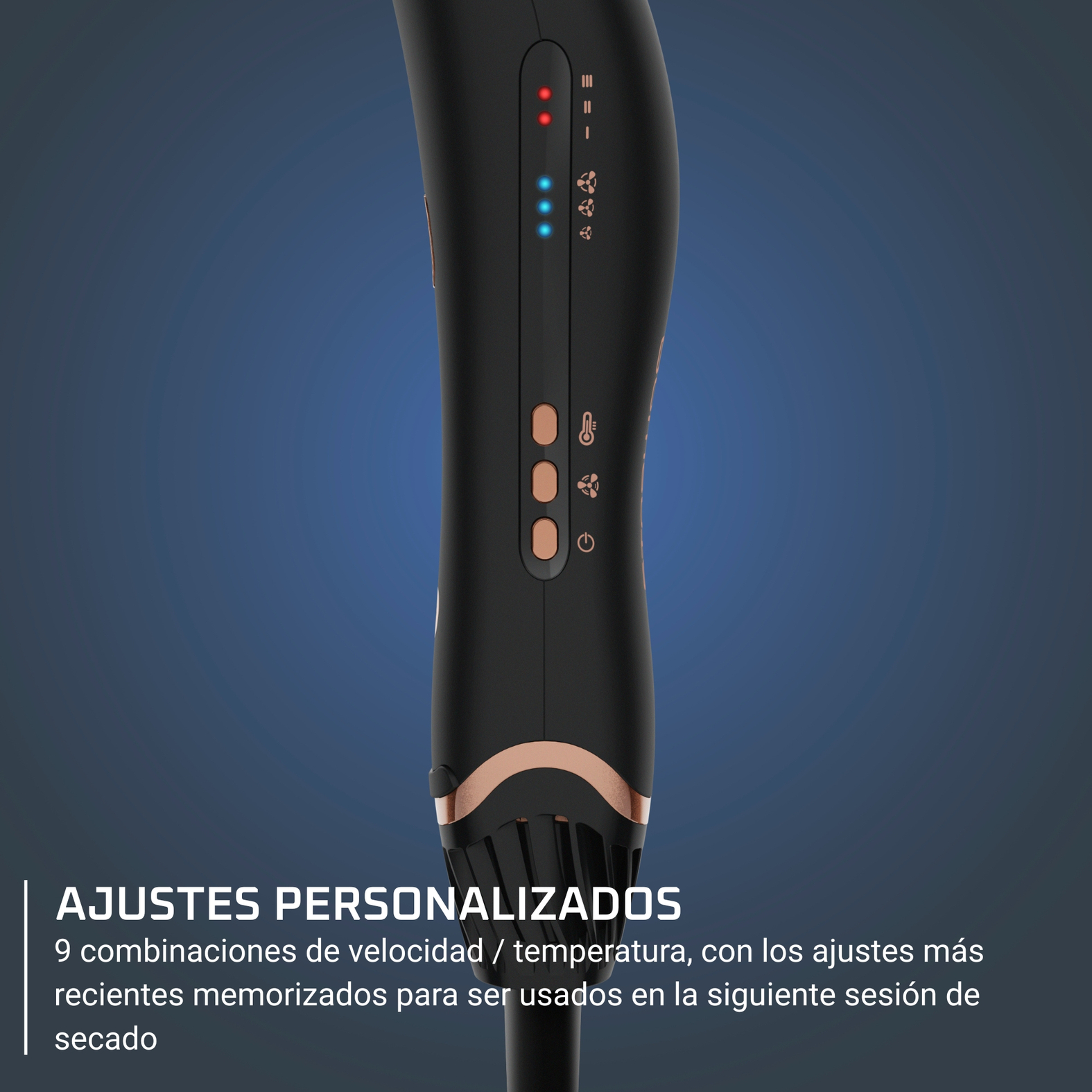 Peinador de cabello negro y cobre con botones y luces indicadoras, sobre un fondo azul oscuro.