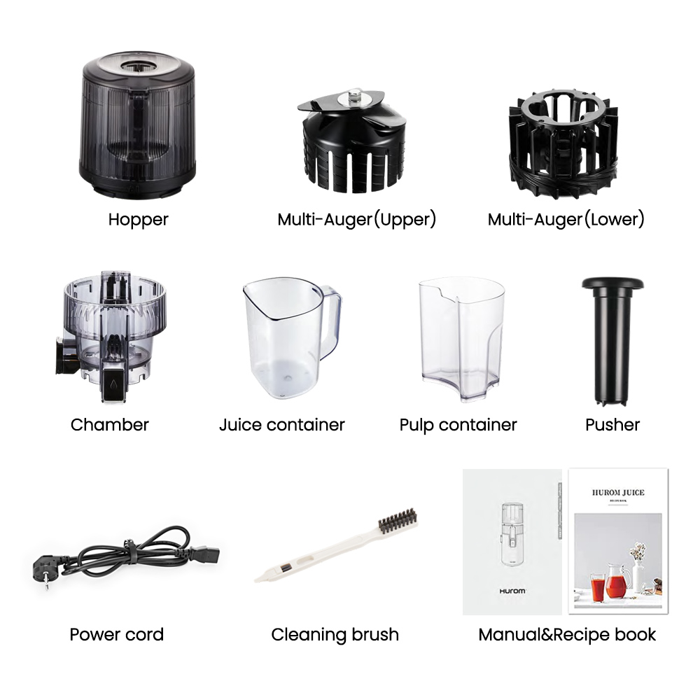 L'image montre des pièces de centrifugeuse : trémie, vis sans fin, chambre, conteneurs, poussoir, cordon d'alimentation, brosse et manuel. Fond blanc.