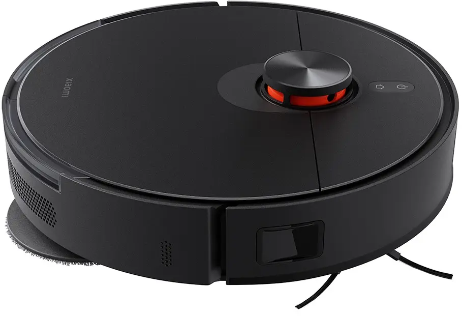 Un aspirapolvere robot rotondo nero con un pulsante centrale e due pulsanti di accensione/spegnimento. Ha una spazzola e un piccolo cavo nero.