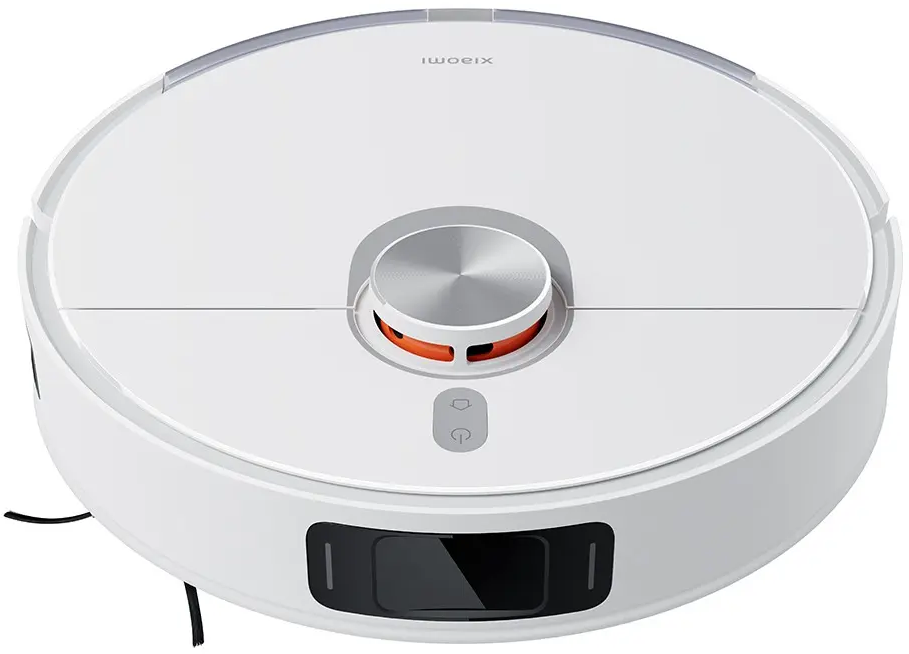 Aspirapolvere robotico bianco. Design rotondo con parte superiore argentata, sensore nero e dettagli arancioni.