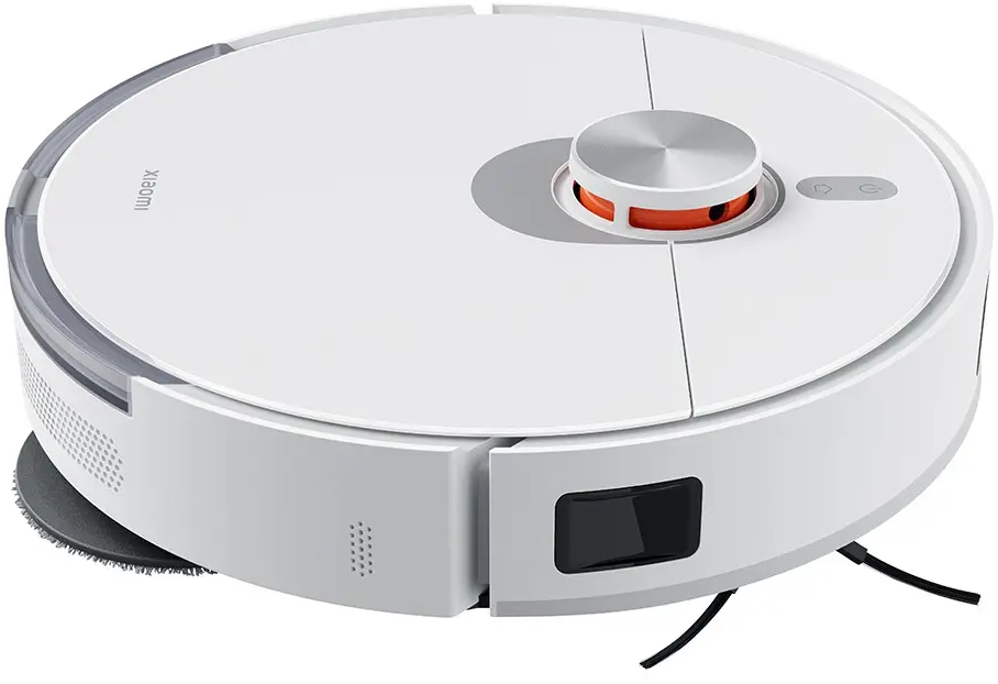 Un aspirapolvere robot Xiaomi bianco. Ha una forma rotonda con un centro argentato. Il dispositivo ha spazzole nere e un sensore scuro.