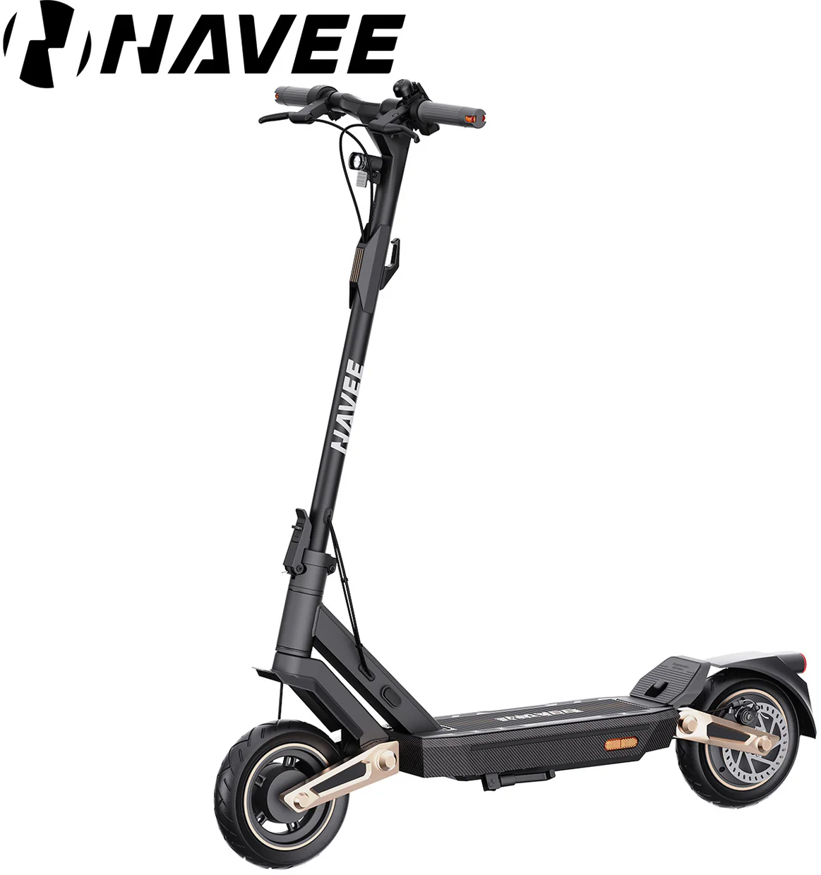 Ein schwarz-goldener Navee-Elektroroller auf weißem Hintergrund. Der Roller hat einen Lenker, ein Deck, zwei Räder und ein Display.