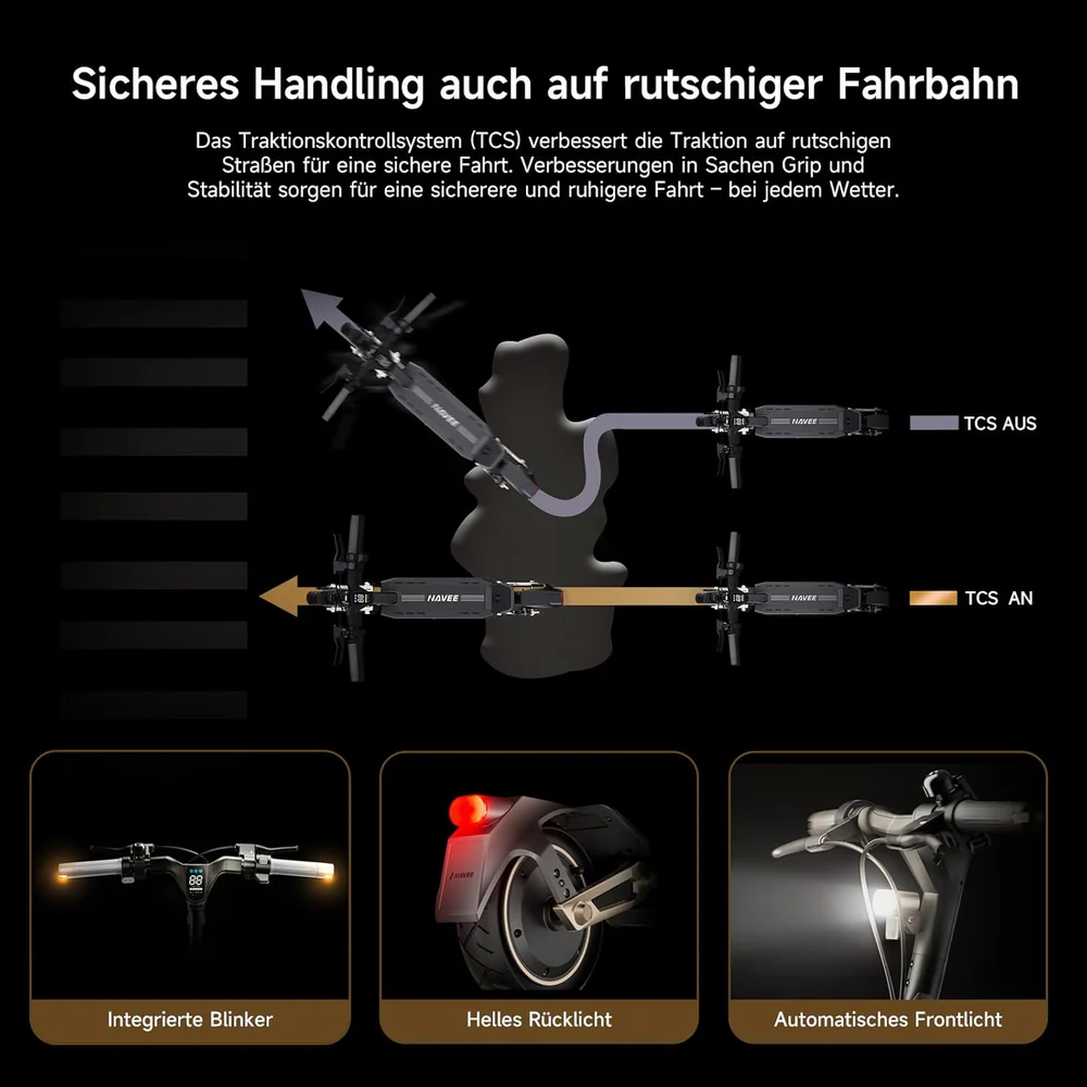 Diagramm eines Elektrorollers, das TCS ein- und ausgeschaltet zeigt. Außerdem integrierte Blinker, Rücklicht und automatischer Scheinwerfer.