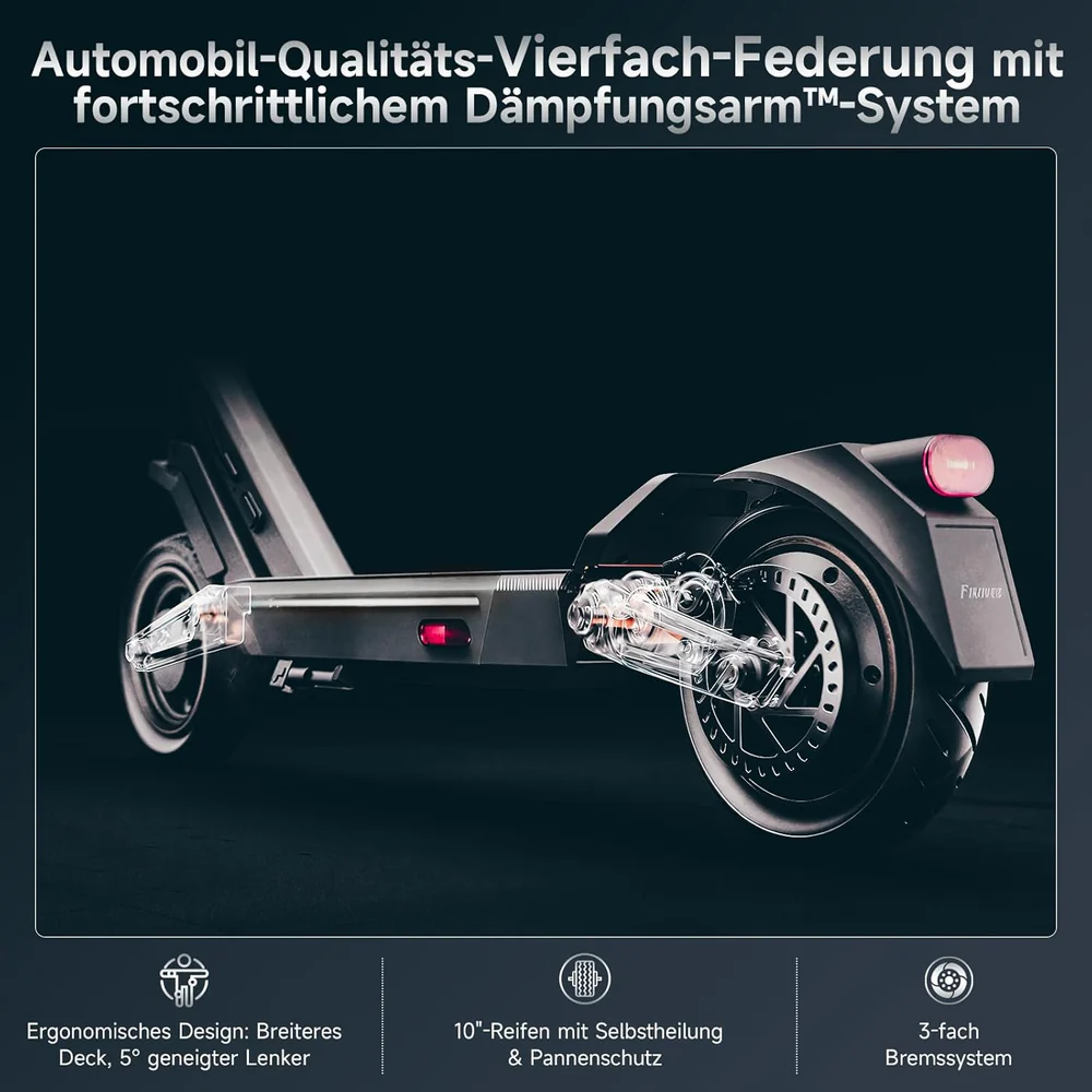 Ein schwarzer Elektroroller wird präsentiert, der sein Design und seine Eigenschaften zeigt. Der Text hebt das Federungssystem, die Reifen und das Bremssystem hervor.