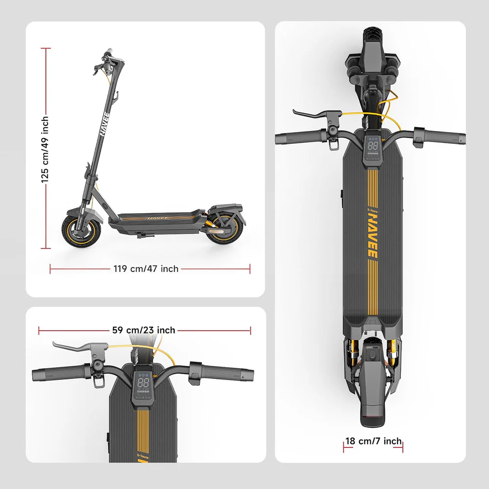 Une trottinette électrique est montrée sous différents angles, avec des mesures et une marque visibles. Le noir, le gris et le jaune dominent.