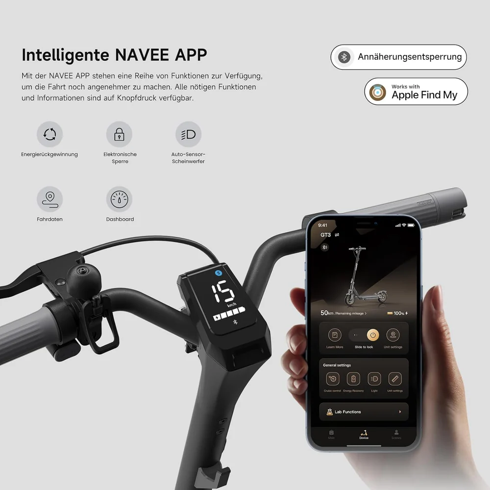 Trottinette électrique avec écran affichant 15 km/h. Le téléphone affiche les fonctions du scooter. Texte : NAVEE APP. Icônes : cadenas, lumière, Apple Find My.