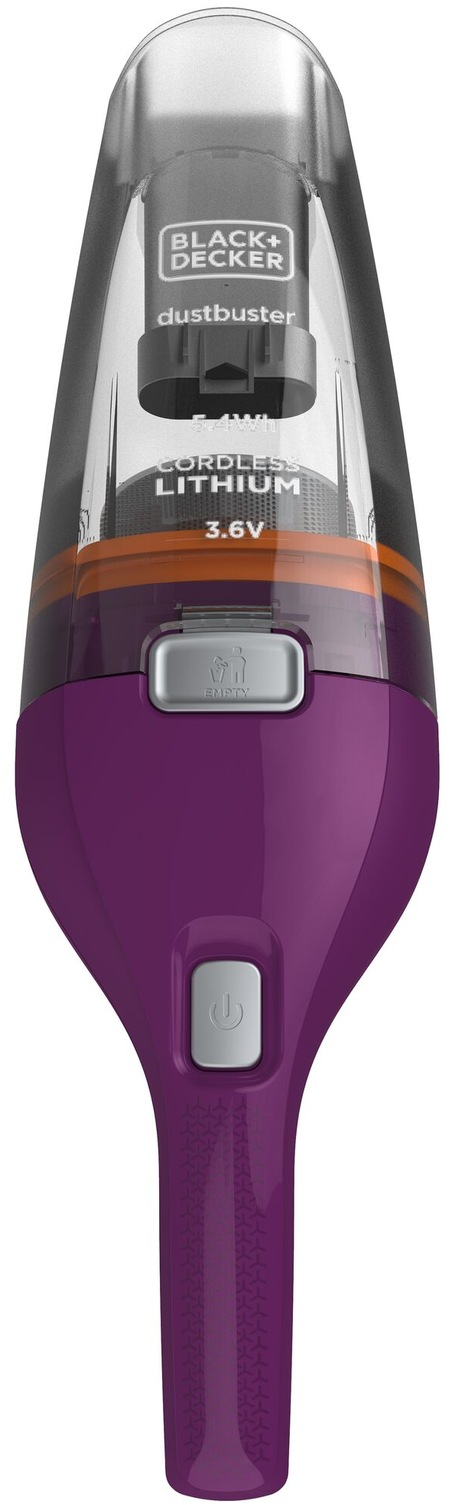 Ein lila-schwarzer Black+Decker Dustbuster Akku-Staubsauger. Er hat einen Ein-/Ausschalter und eine Leertaste.