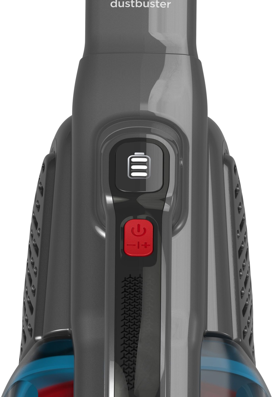 Nahaufnahme eines grauen Staubsaubers mit rotem Einschaltknopf und Batteriestandsanzeige. Das Design umfasst einen schwarzen, gemusterten Griffbereich.
