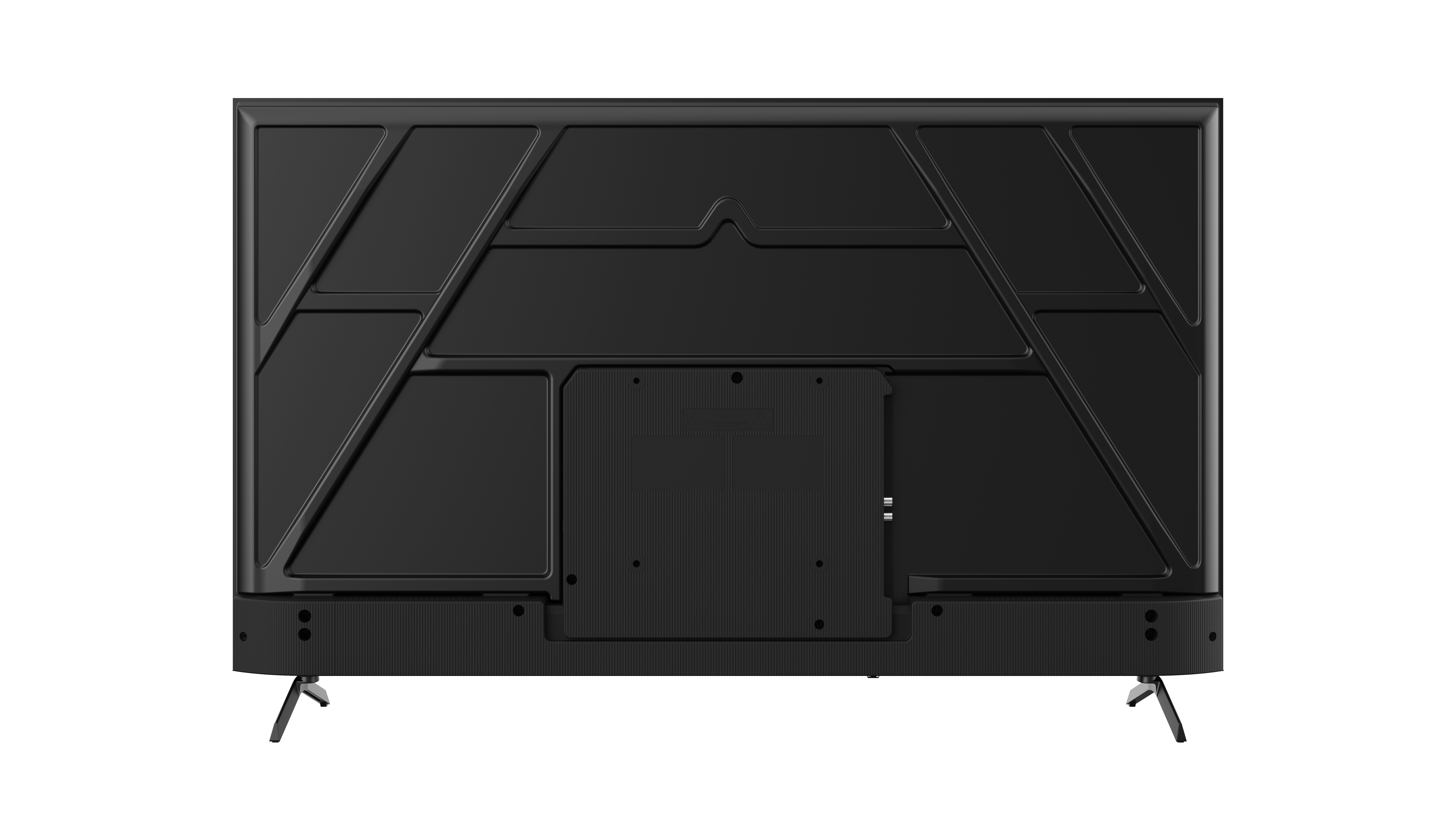 Tył czarnego telewizora. Posiada geometryczne wzory, porty i dwie nogi. Tło jest białe.