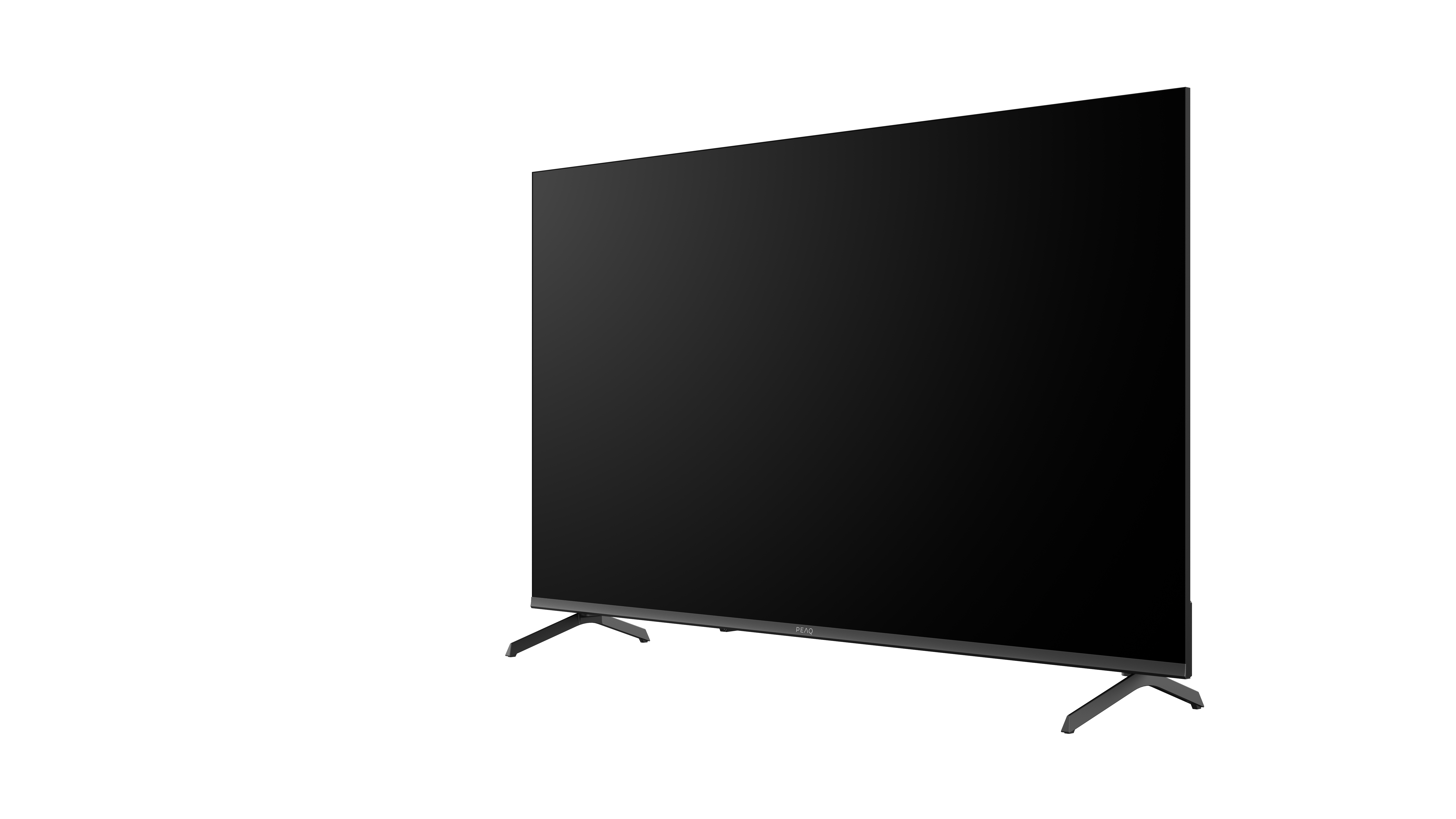 Duży, czarny telewizor z płaskim ekranem i cienkimi nóżkami na białym tle. Ekran jest wyłączony.