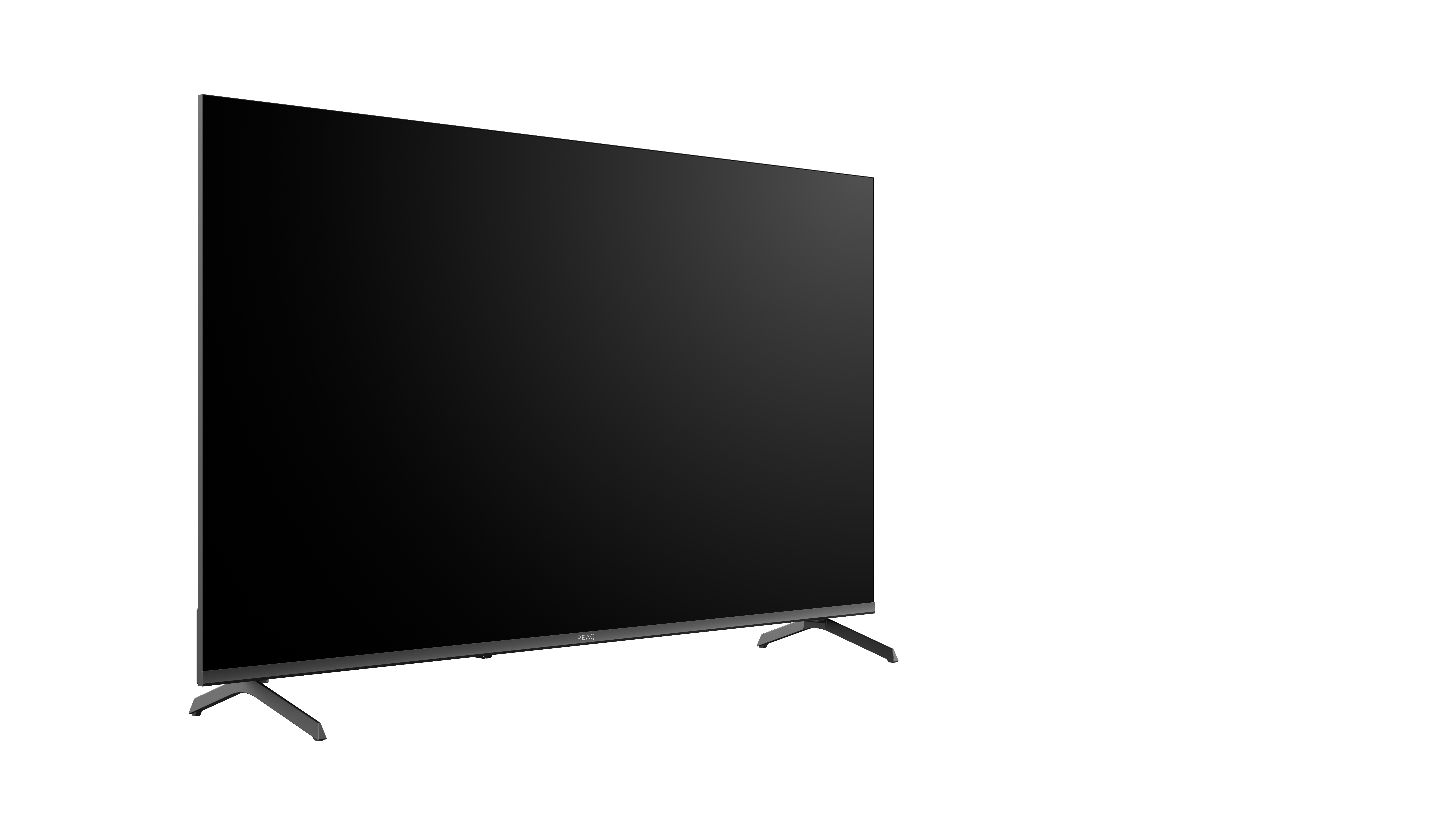 Czarny telewizor PEAQ pochylony w prawo, na białym tle. Ma dwie nogi.