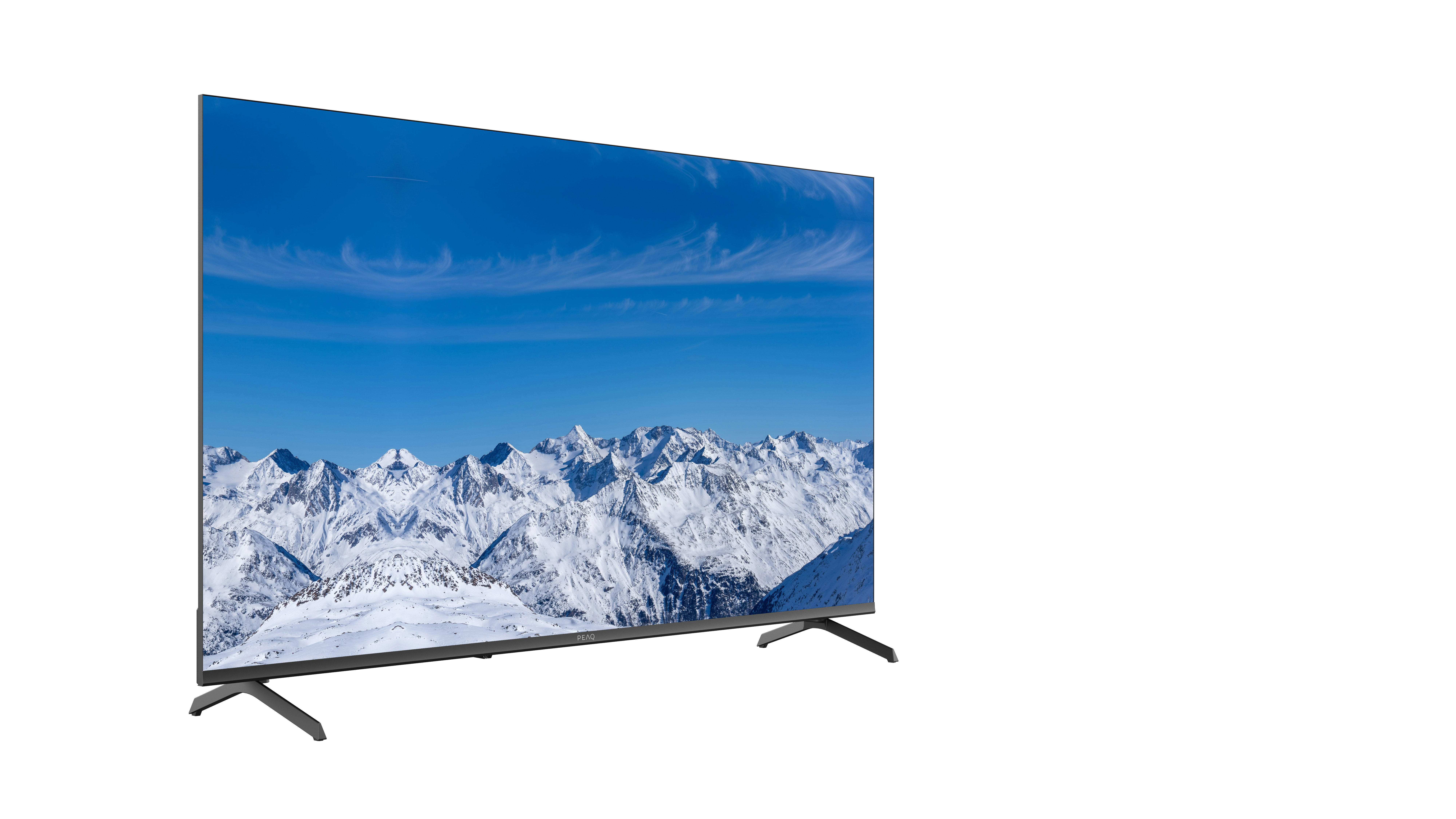 Telewizor wyświetla ośnieżony łańcuch górski pod błękitnym niebem. Telewizor ma czarne nogi i cienką ramkę.