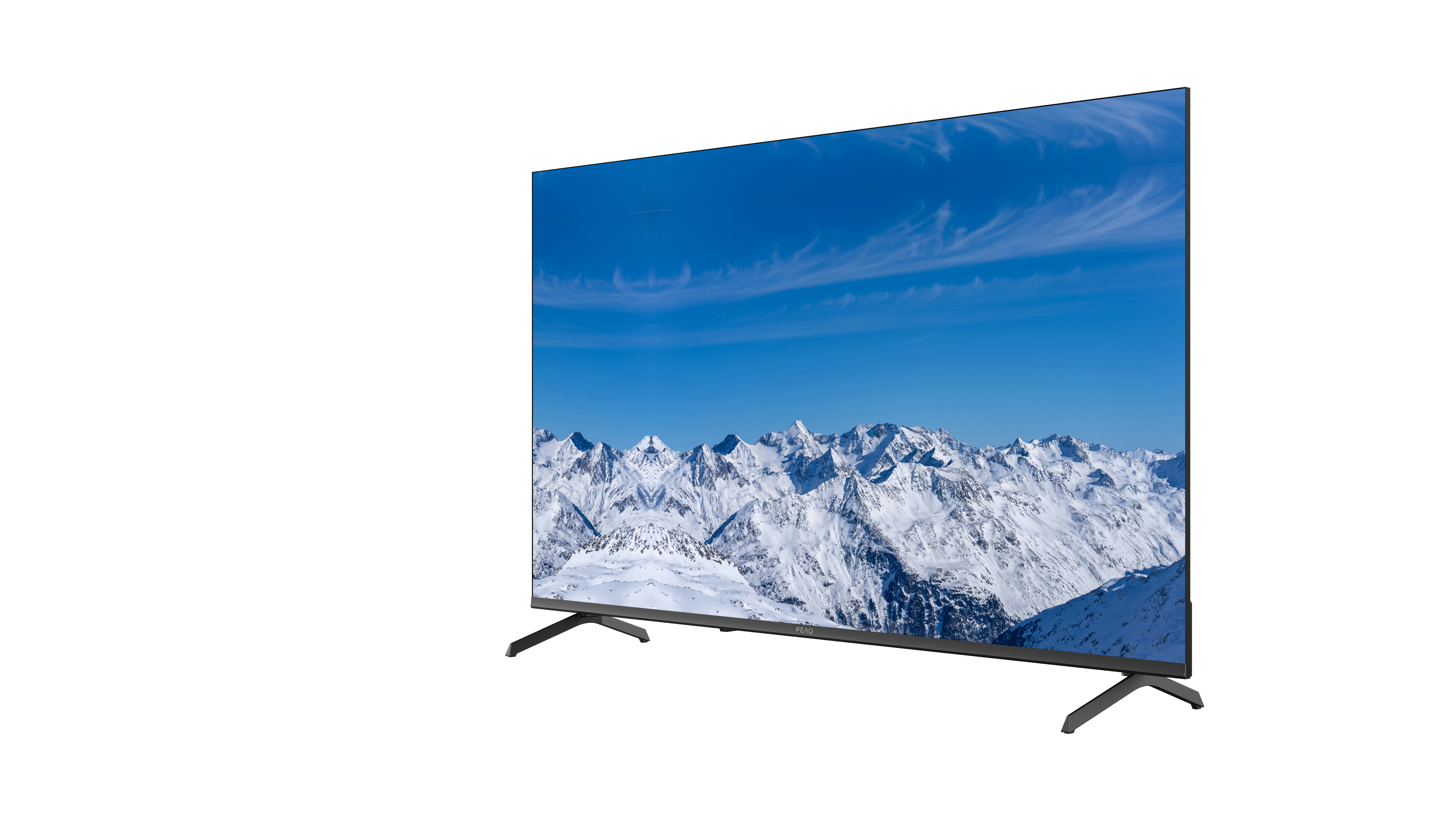 Telewizor wyświetla pasmo górskie z ośnieżonymi szczytami pod błękitnym niebem. Telewizor ma czarne nóżki i czarną ramę.