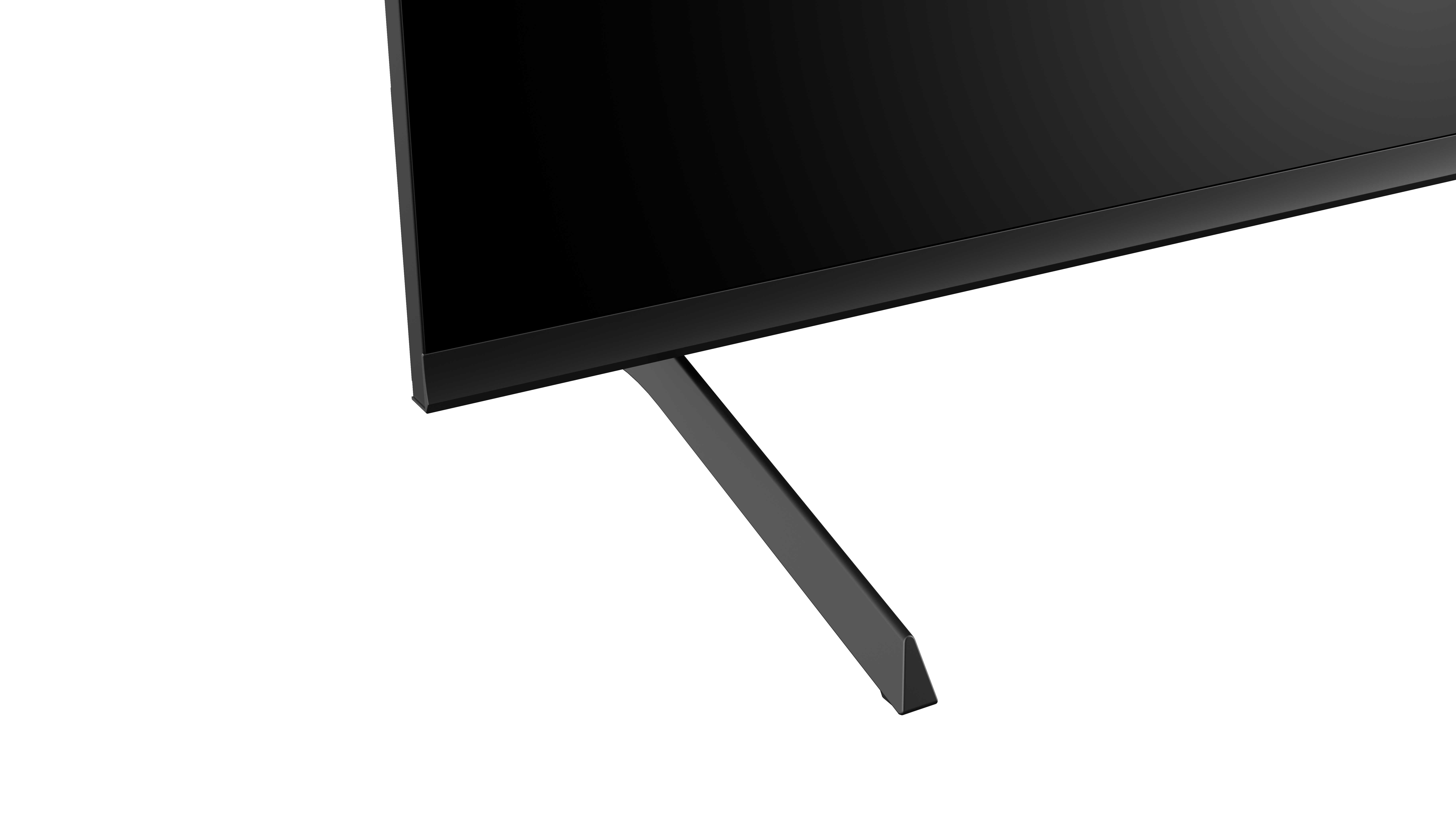 Czarny ekran telewizora z czarną podstawą na białym tle. Podstawa to pojedyncza, kątowa noga.