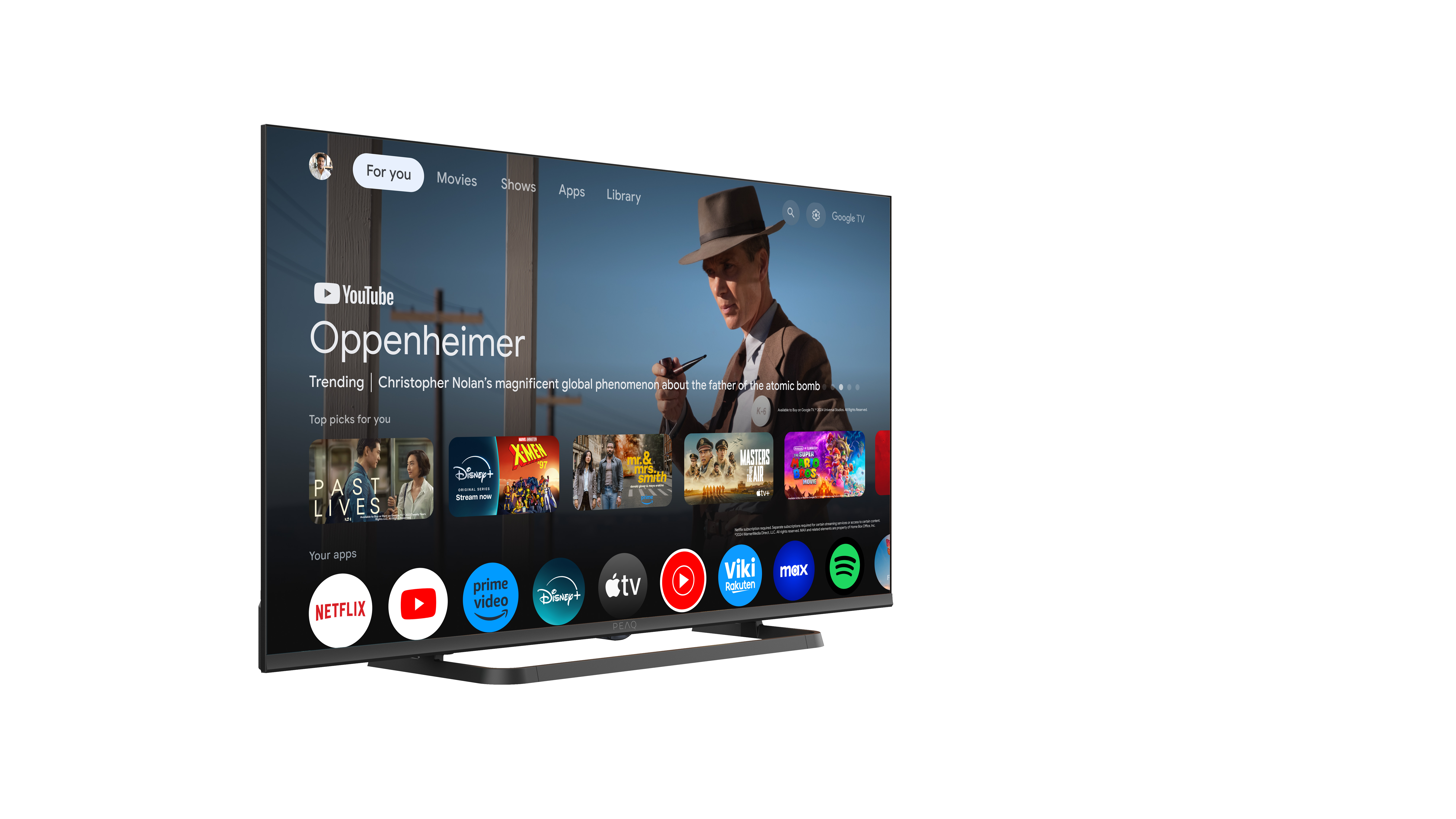 Ein Fernseher zeigt die Google TV-Oberfläche. Der Bildschirm zeigt Filme, Apps und den Film 'Oppenheimer'.