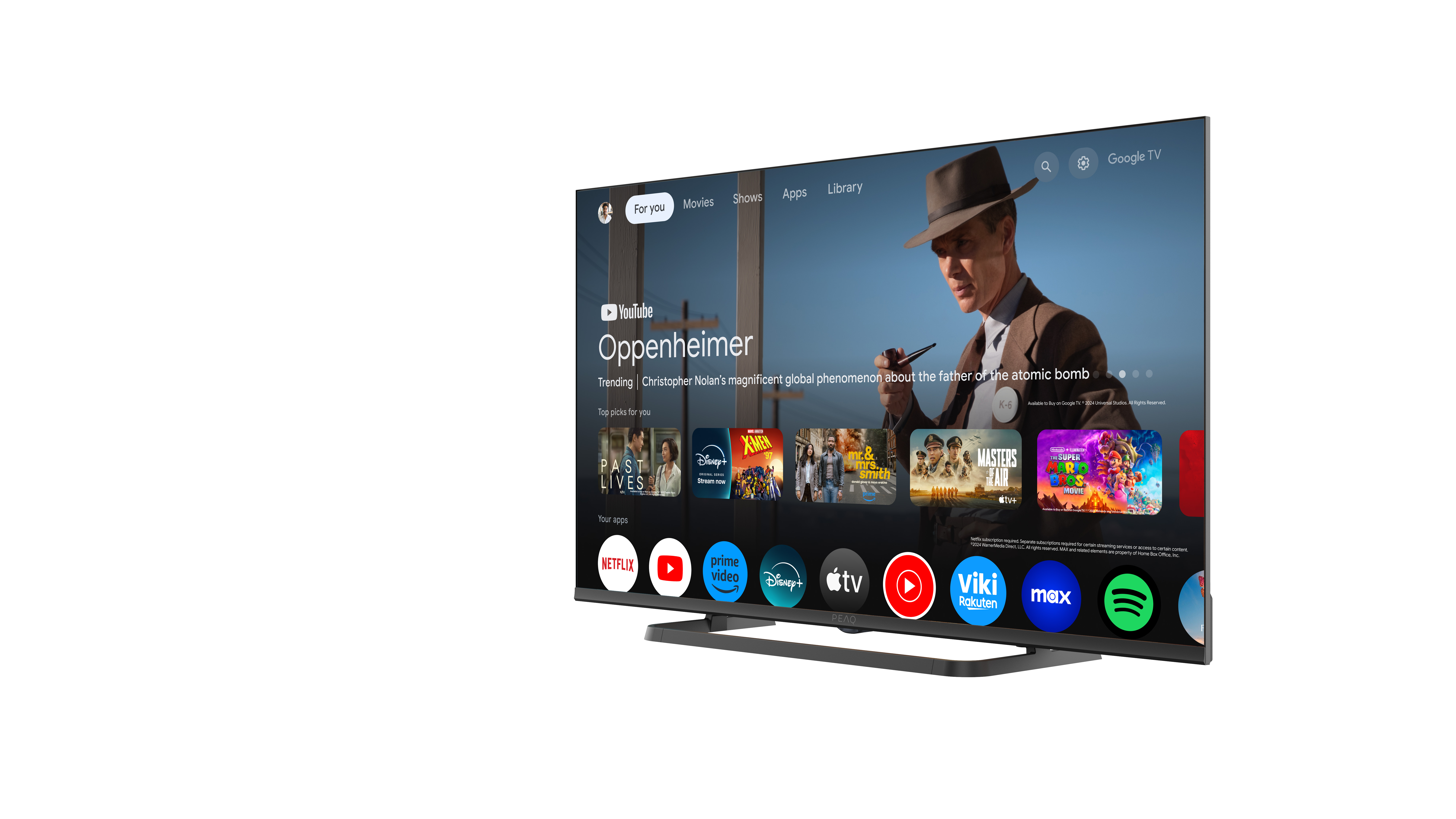 Ein Fernseher zeigt die Google TV-Oberfläche. Der Bildschirm zeigt ein Filmplakat und App-Symbole für Streaming-Dienste.