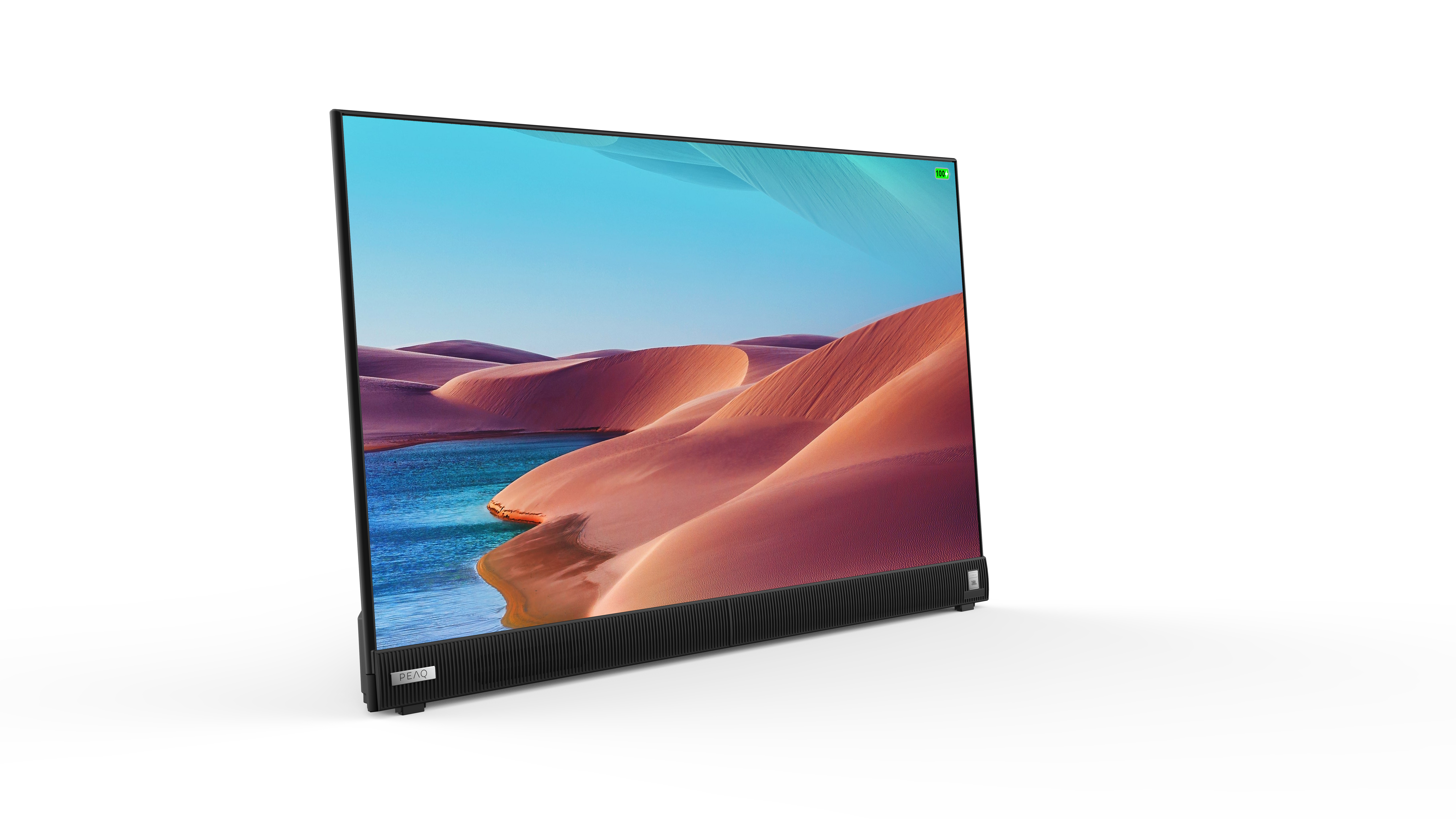Ein moderner Fernseher, der eine Wüstenlandschaft zeigt. Der Fernseher ist schwarz mit einem Lautsprecher unten. Der Hintergrund ist weiß.