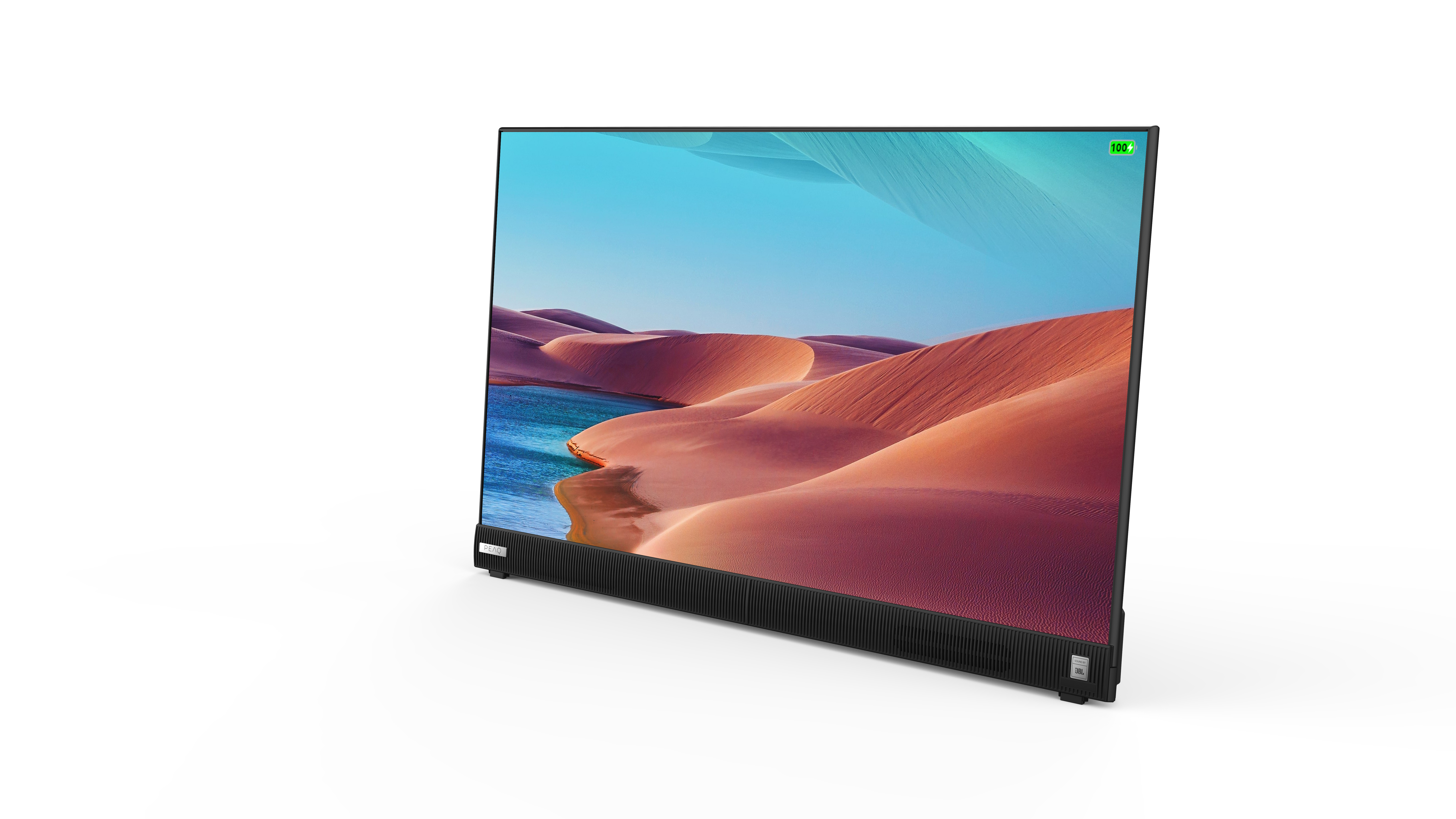 Ein großer Fernseher zeigt eine Wüstenlandschaft. Der Fernseher ist schwarz mit eingebauter Soundbar. Der Hintergrund ist weiß.