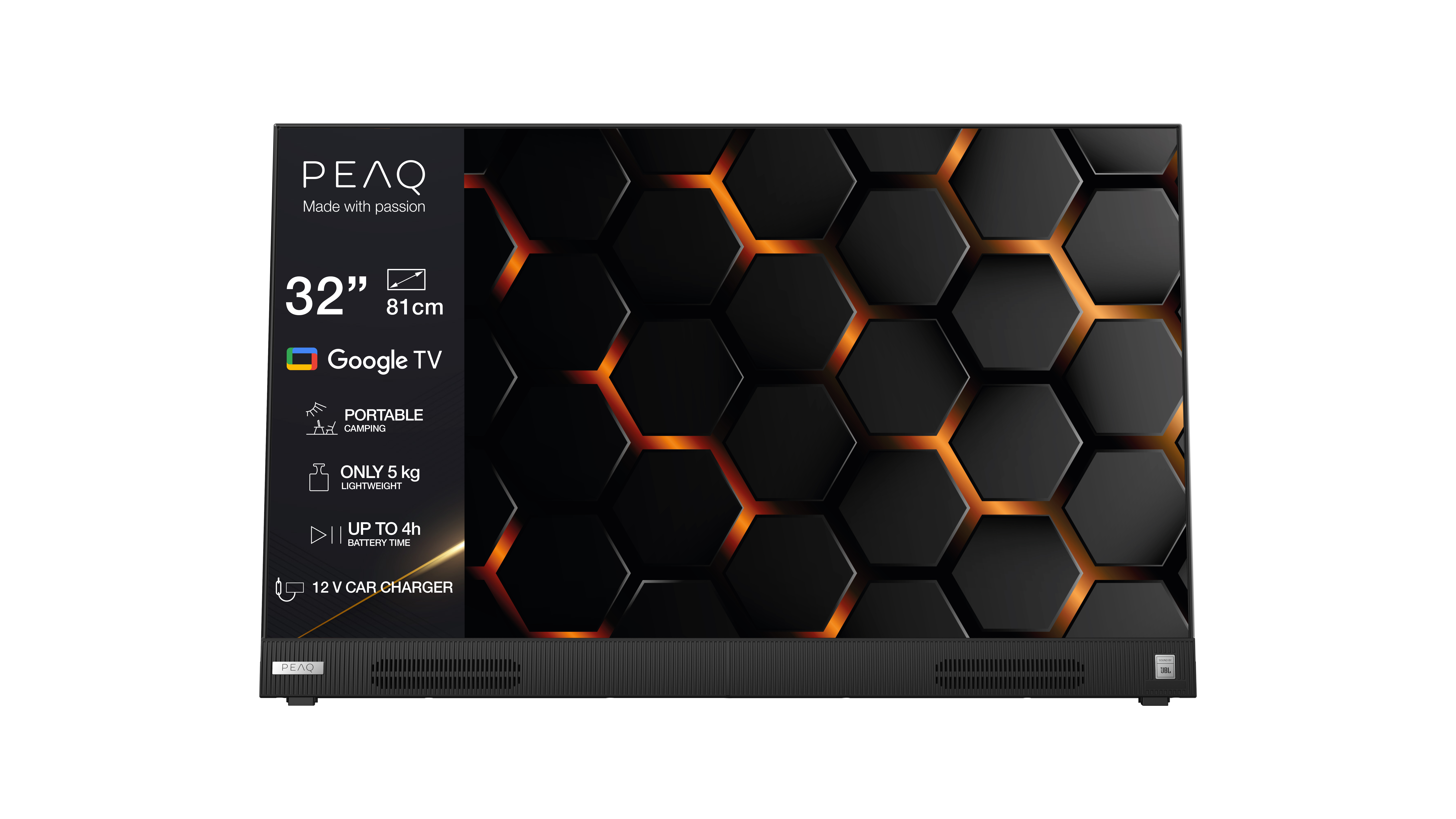Ein schwarzer Fernseher mit Wabenmuster, orangefarbenen Akzenten und Produktinformationen. Enthält Google TV und JBL-Branding.