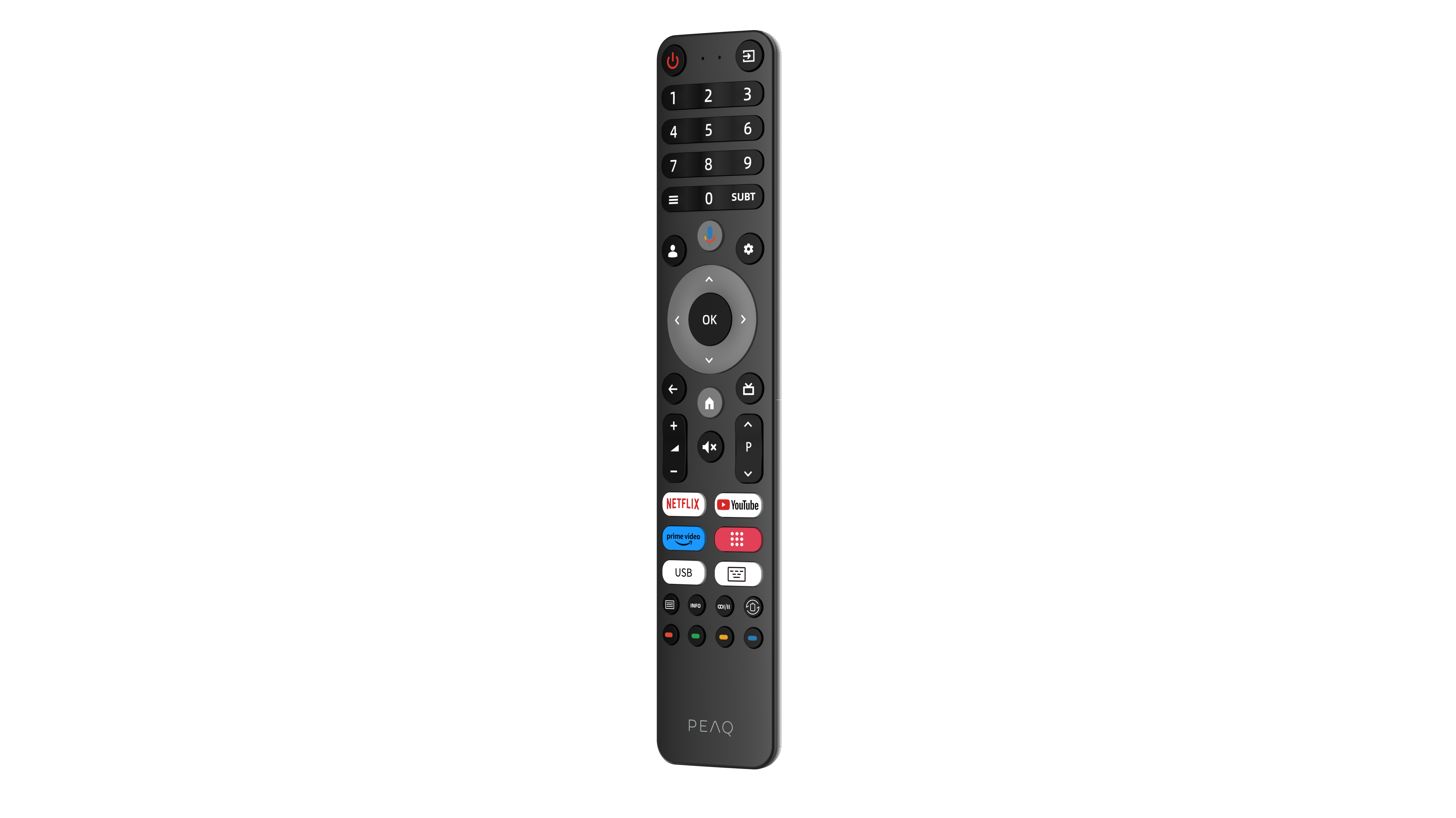 Eine schwarze PEAQ-Fernbedienung mit vielen Tasten. Sie hat Zahlen, Lautstärke, Netflix, YouTube und andere Funktionstasten.