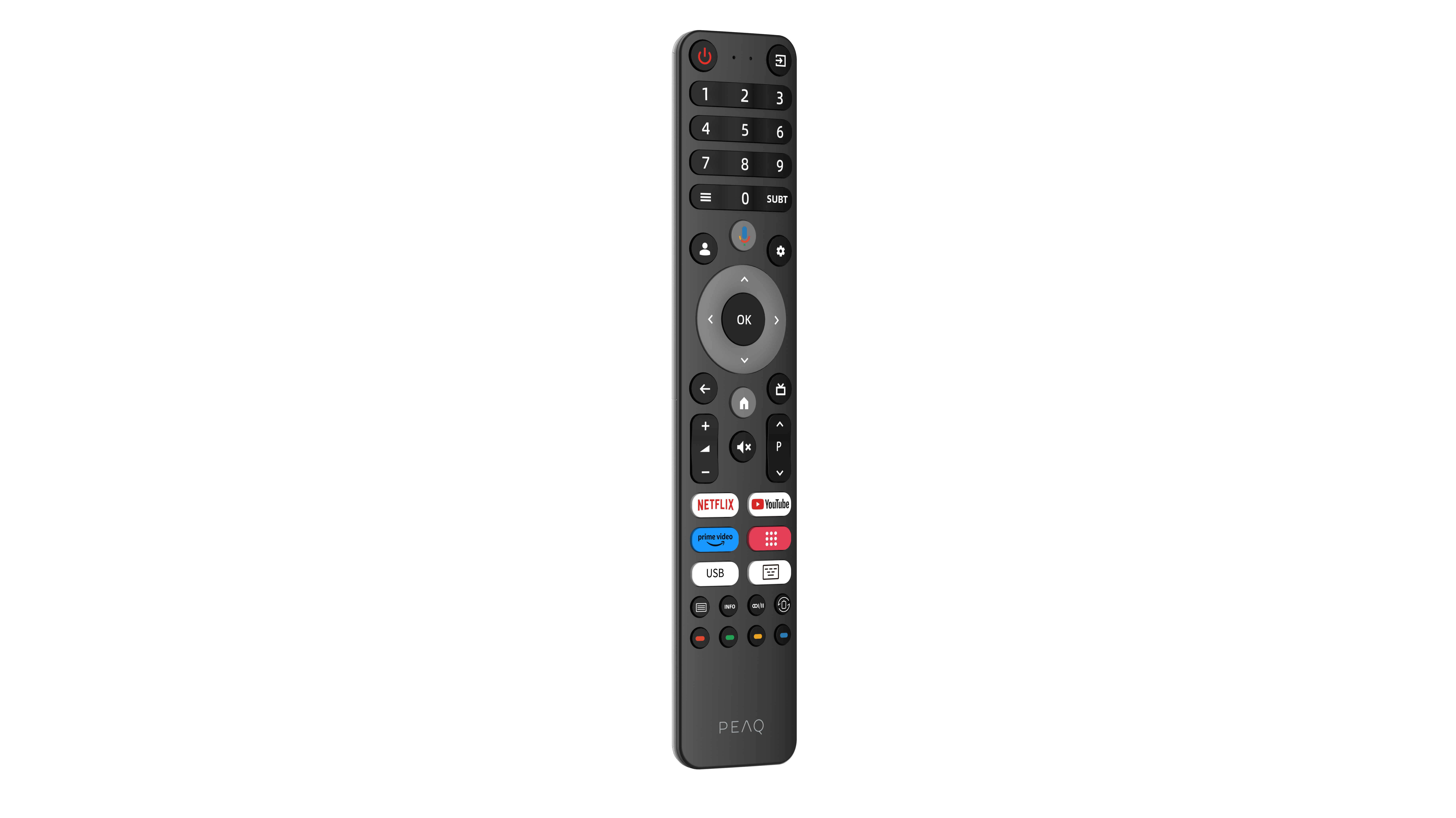 Eine schwarze PEAQ-Fernbedienung mit Tasten für Strom, Zahlen, Netflix, YouTube und Lautstärkeregelung.