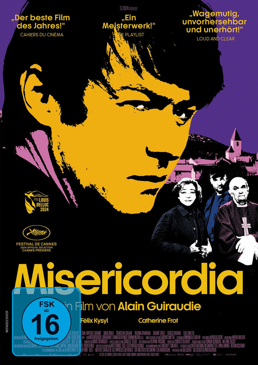 Filmplakat mit Porträt eines jungen Mannes, Gruppenfoto und Filmtitel "Misericordia".