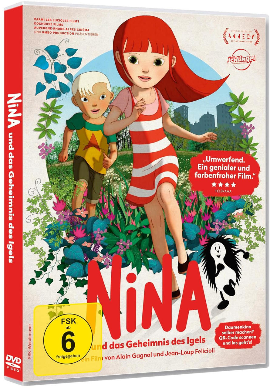 DVD-Cover: Mädchen mit roten Haaren und gestreiftem Kleid, Junge in grünem Oberteil, Titel 'Nina', Igel-Illustration. Bunter Blumenhintergrund.