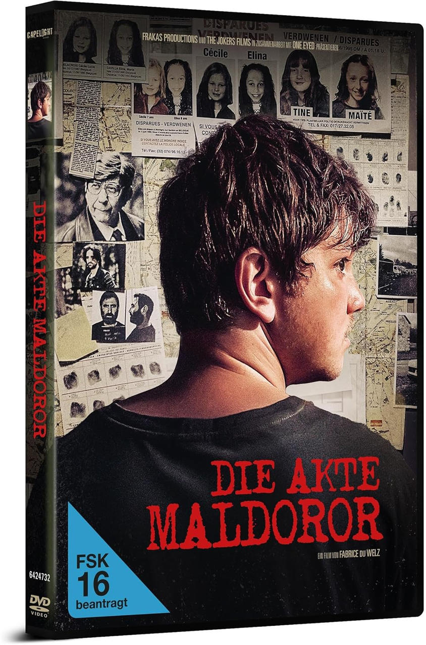 DVD-Cover von "Die Akte Maldoror". Der Rücken eines Mannes steht im Mittelpunkt. Der Hintergrund enthält Vermisstenanzeigen und Filmcredits.