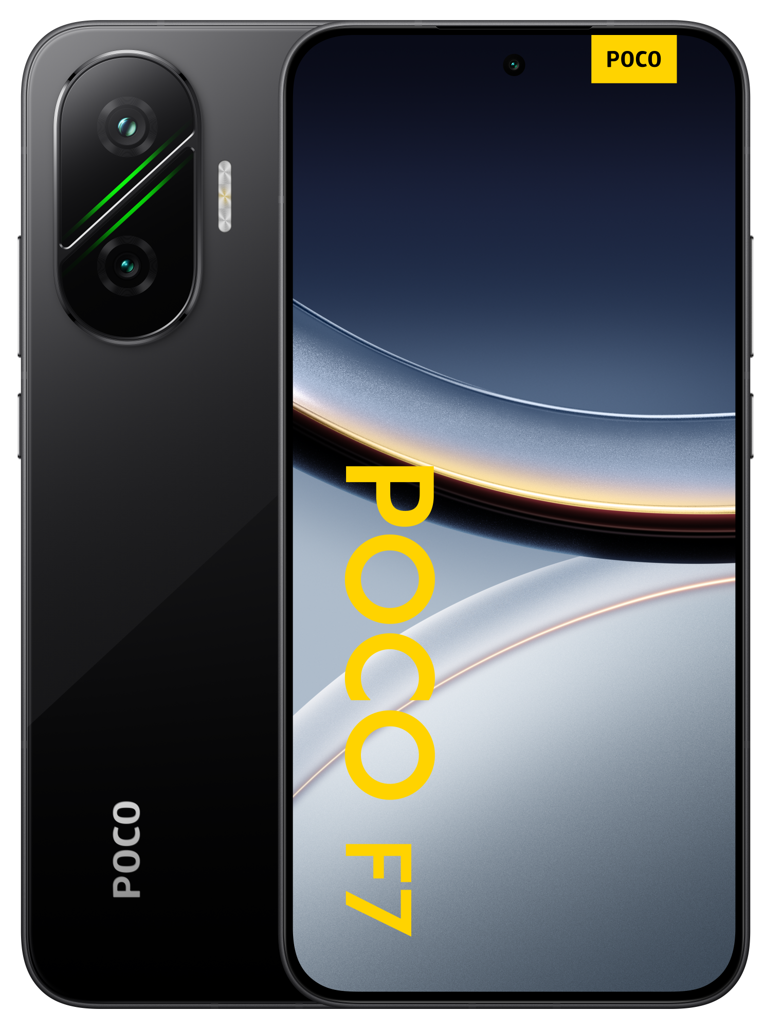 Czarny smartfon POCO F3. Z tyłu kamery, ekran wyświetla gradientowe tło, widoczny tekst 'POCO F7'.