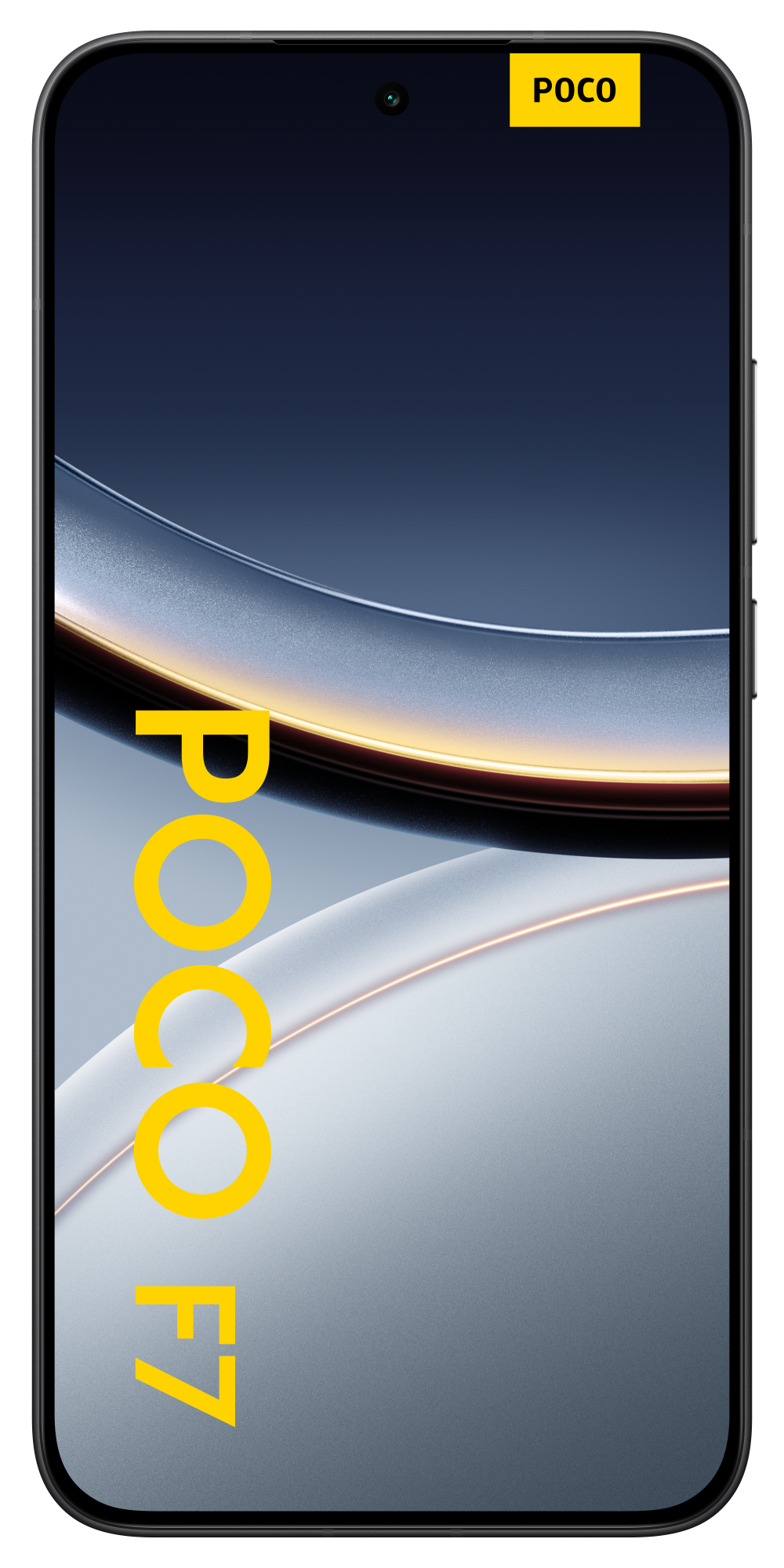 Smartfon z gradientowym wyświetlaczem. Ekran pokazuje logo Poco F7. Logo Poco i górny róg telefonu są żółte.