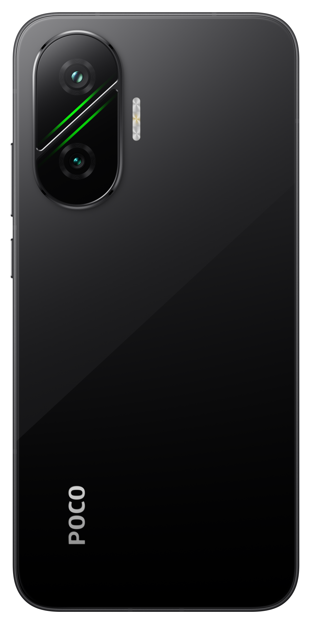 Czarny smartfon z modułem aparatu na górze. Aparat ma dwa obiektywy i lampę błyskową. Logo POCO jest pionowe.