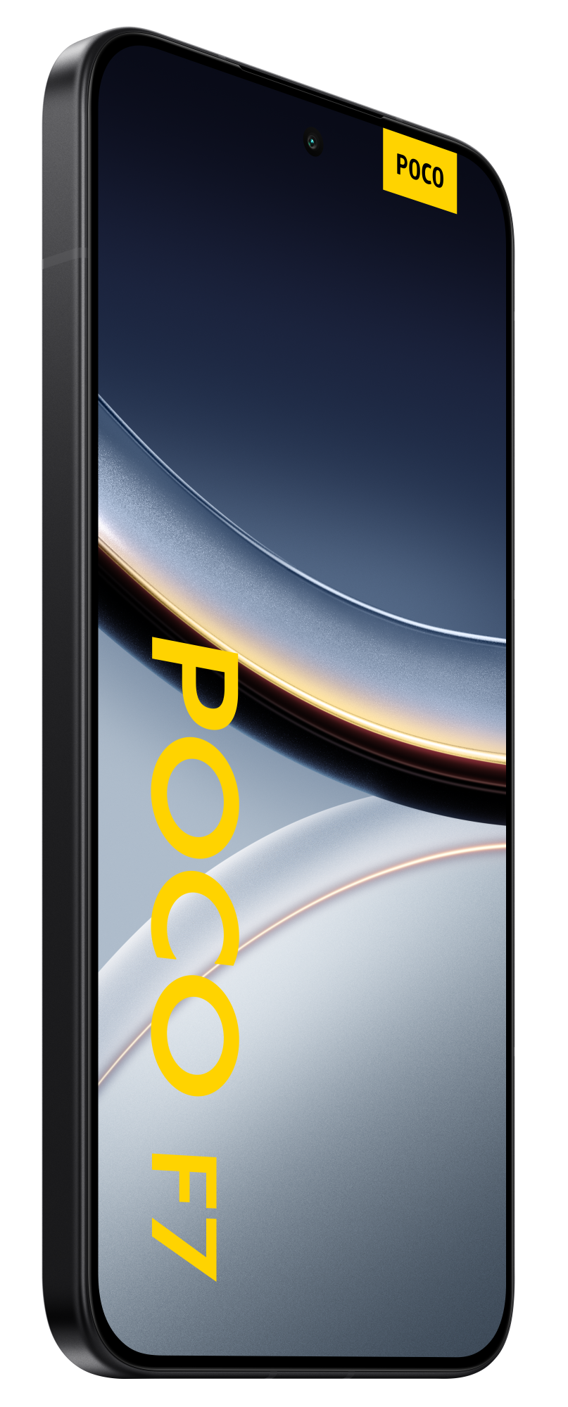 Czarny smartfon, POCO F7, wyświetla faliste tło. Logo POCO znajduje się w prawym górnym rogu.