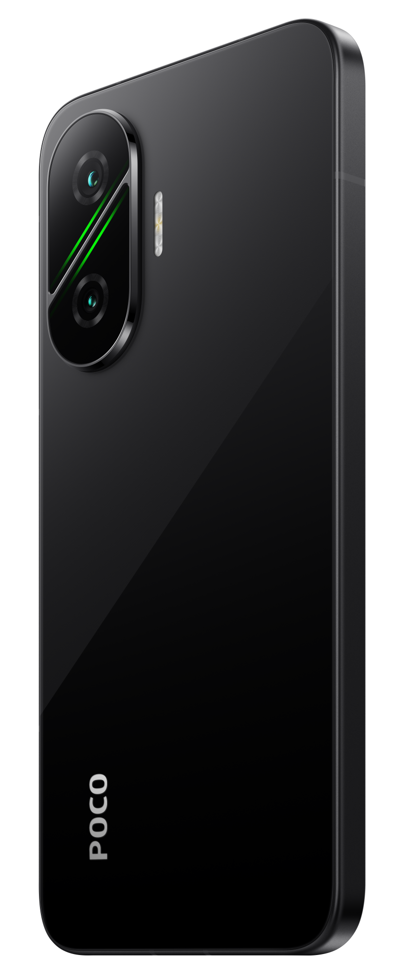Czarny tył smartfona. Posiada moduł aparatu z dwoma obiektywami i lampą błyskową. Widoczne logo POCO.