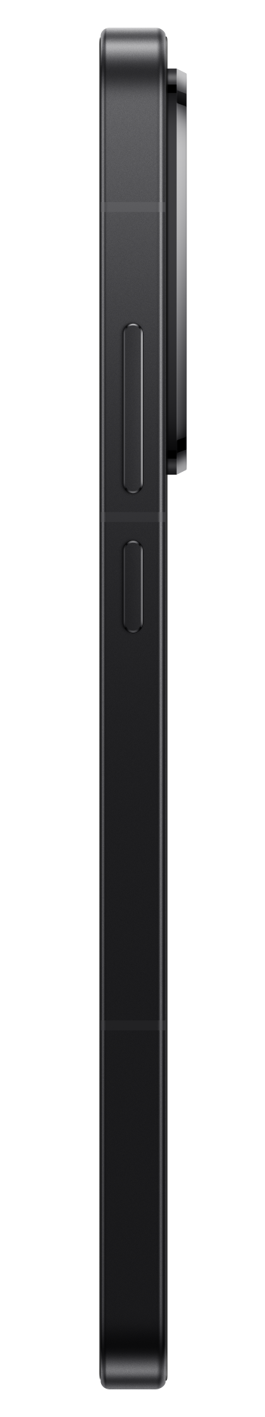 Widok z boku czarnego smartfona. Ma przyciski i aparat na czarnym tle.