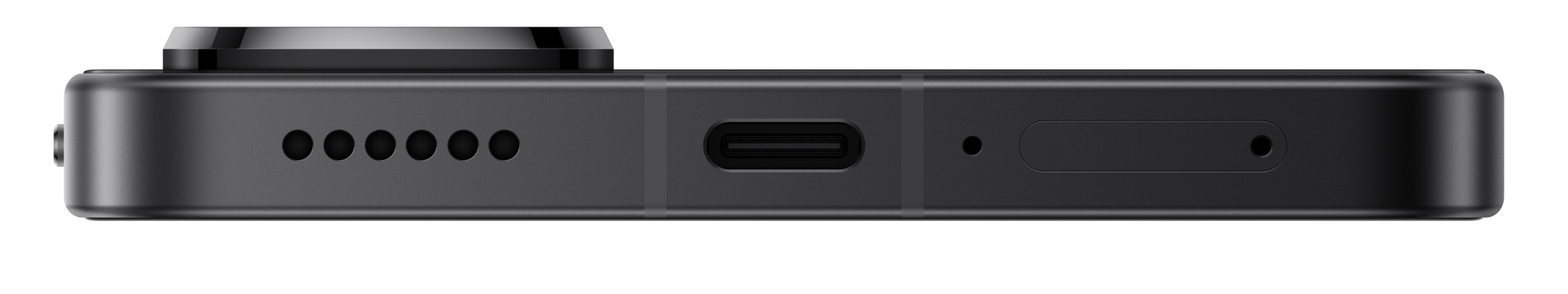 Zbliżenie dolnej krawędzi czarnego smartfona. Widoczne otwory głośnika, port USB-C i mikrofon.