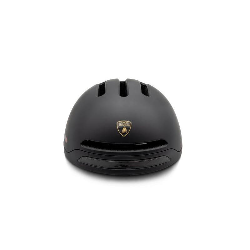 Czarny kask Lamborghini ze złotym logo. Ma otwory wentylacyjne na górze i wizjer na dole.