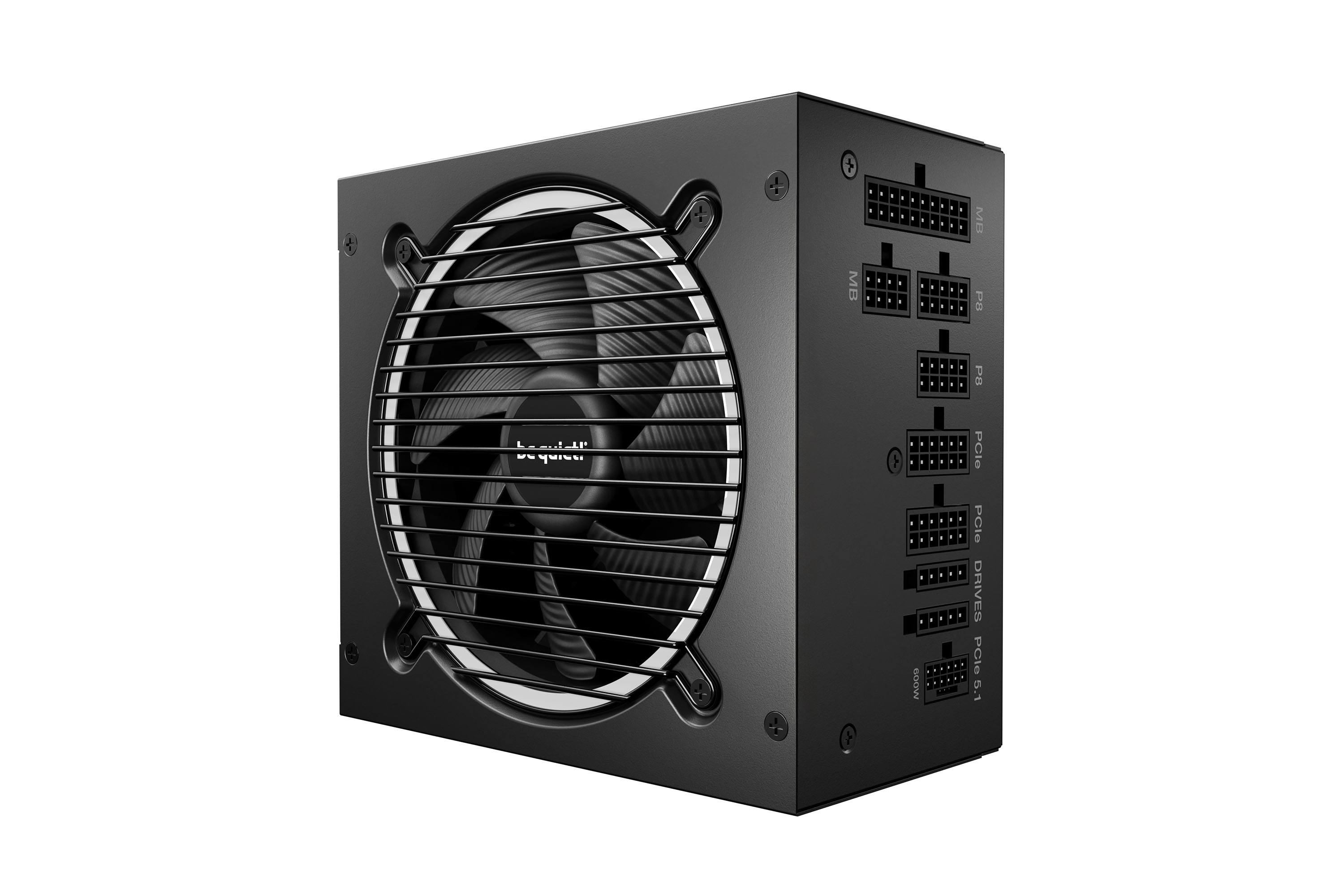 Schwarzes Computer-Netzteil mit Lüfter und mehreren Anschlüssen. Die Vorderseite hat ein Lüftergitter.