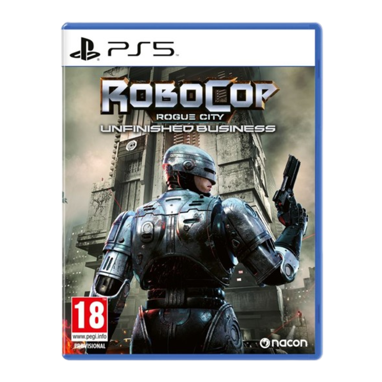 RoboCop game cover. RoboCop houdt een pistool vast, met een stad op de achtergrond. PS5 logo staat bovenaan.